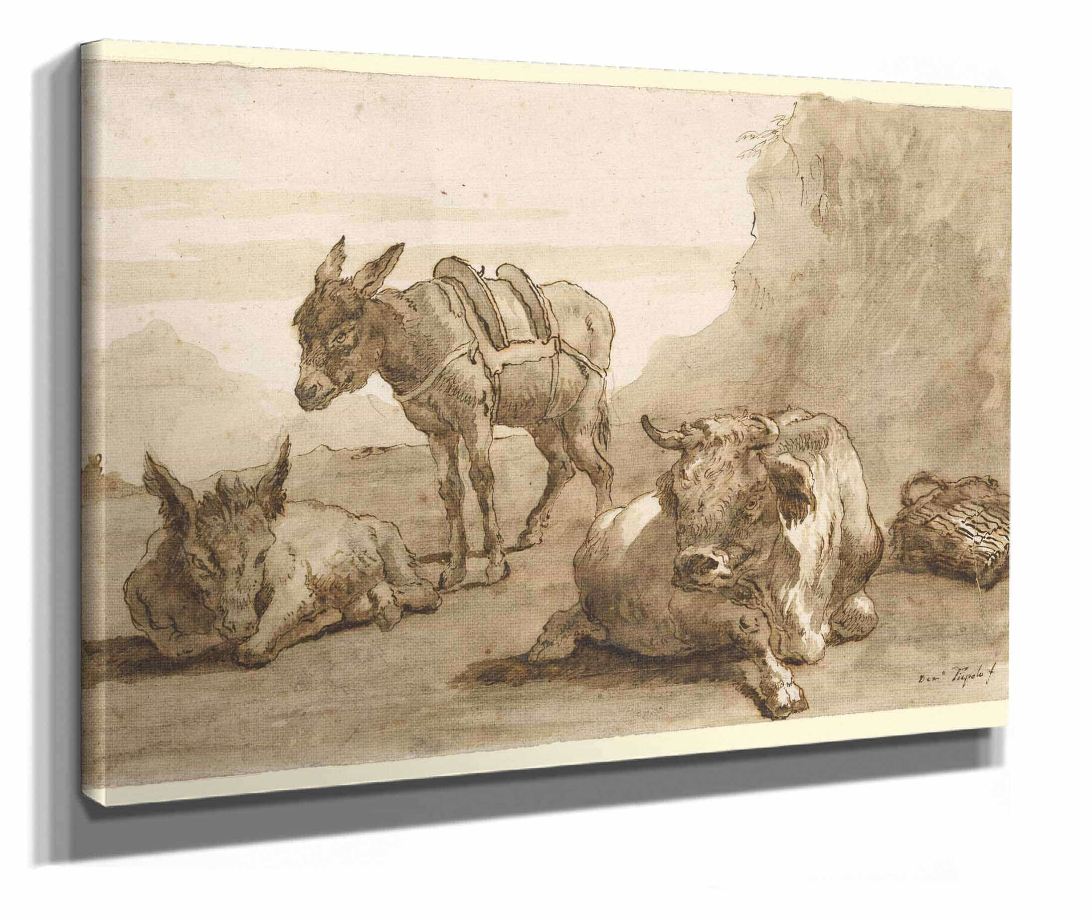 A Bull Lying Down And Two Donkeys In A Landscape by Giovanni Domenico Tiepolo