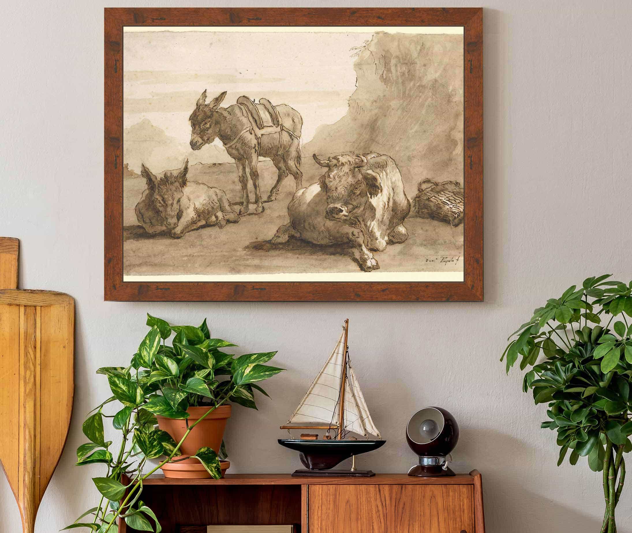 A Bull Lying Down And Two Donkeys In A Landscape by Giovanni Domenico Tiepolo - Image 2