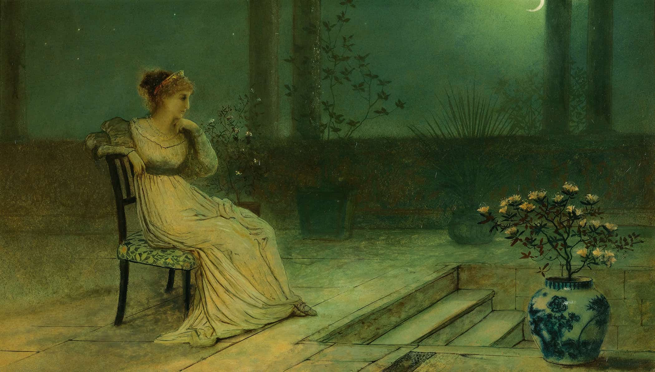 A Classical Maiden Seated On A Terrace By Moonlight by John Atkinson Grimshaw - Image 2