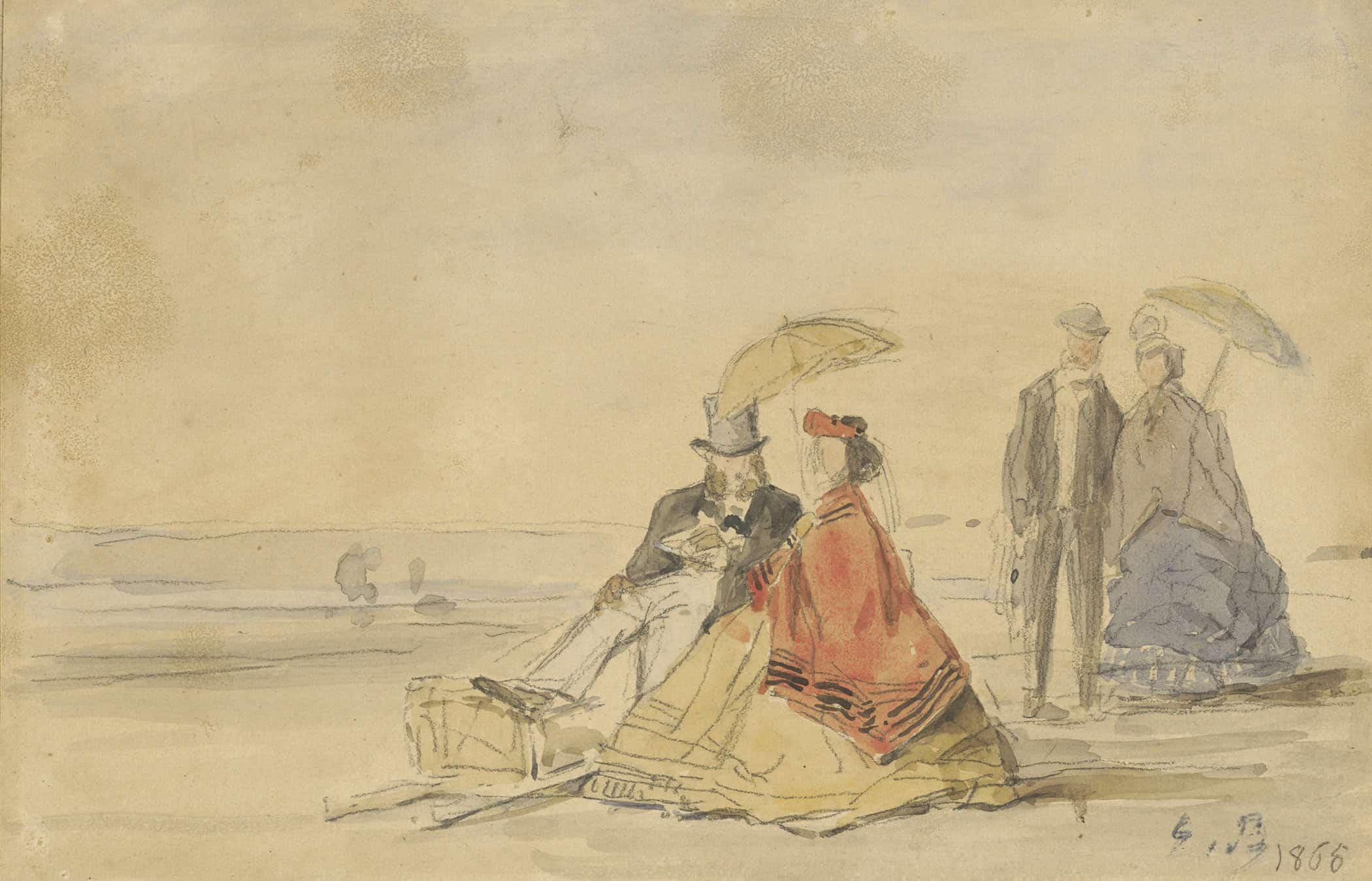 A Couple Seated And A Couple Walking On The Beach by Eugene Boudin - Image 2