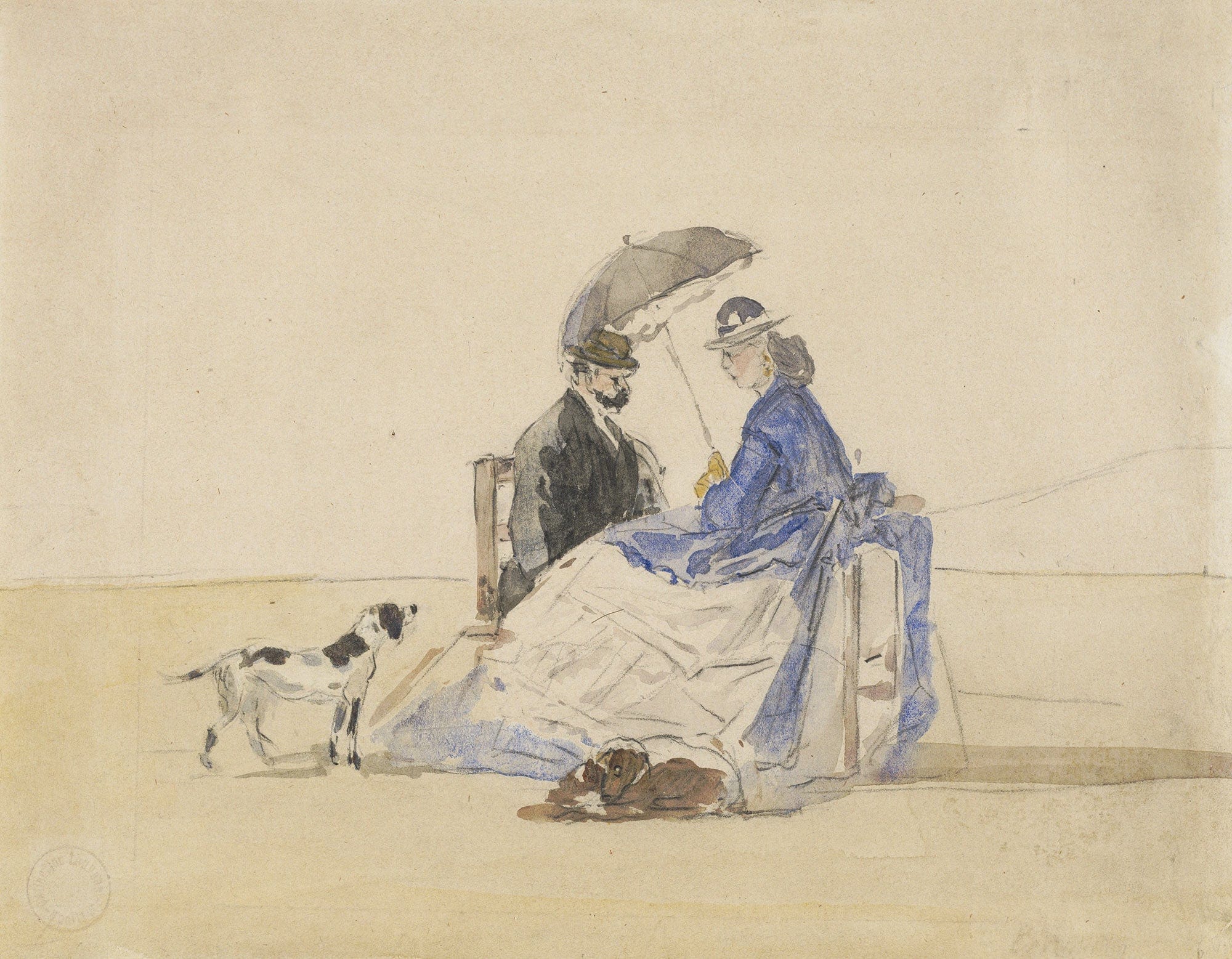 A Couple Seated On The Beach With Two Dogs by Eugene Boudin - Image 2