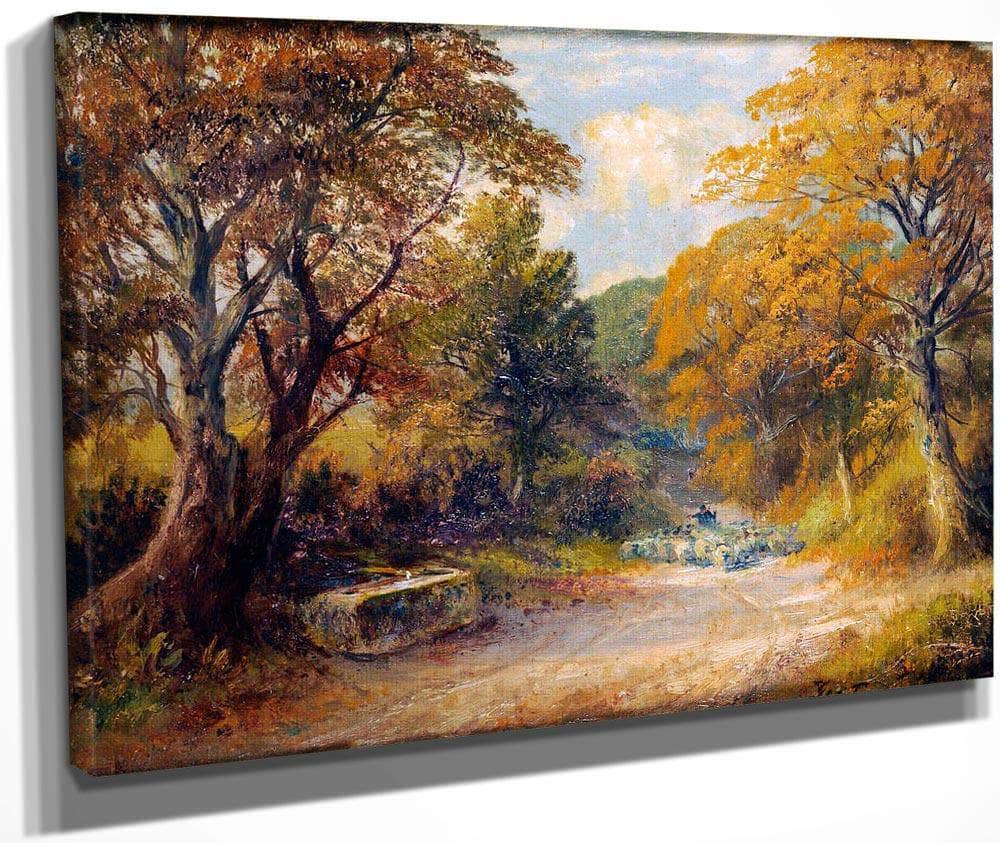A Drover With Sheep On A Path In A Wooded Landscape By George Turner