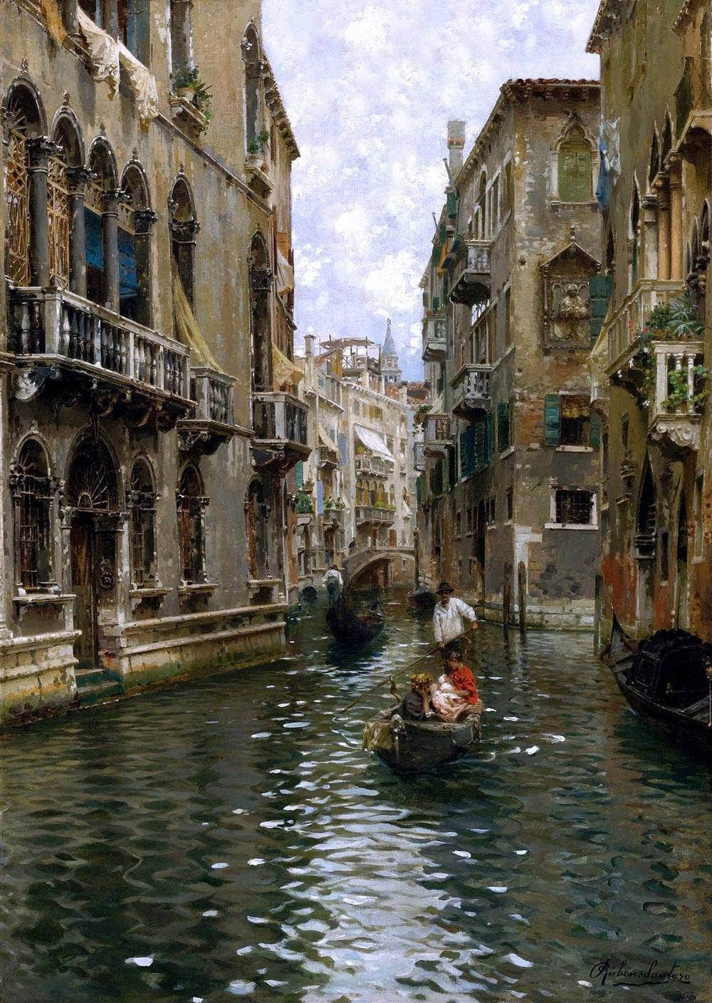 A Family Outing On A Venetian Canal Painting Rubens Santoro Canvas Art - Image 5