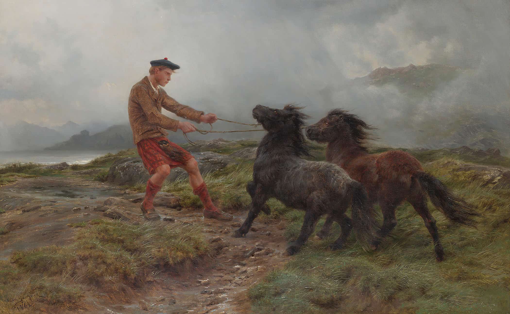 A Ghillie And Two Shetland Ponies In A Misty Landscape by Rosa Bonheur - Image 2