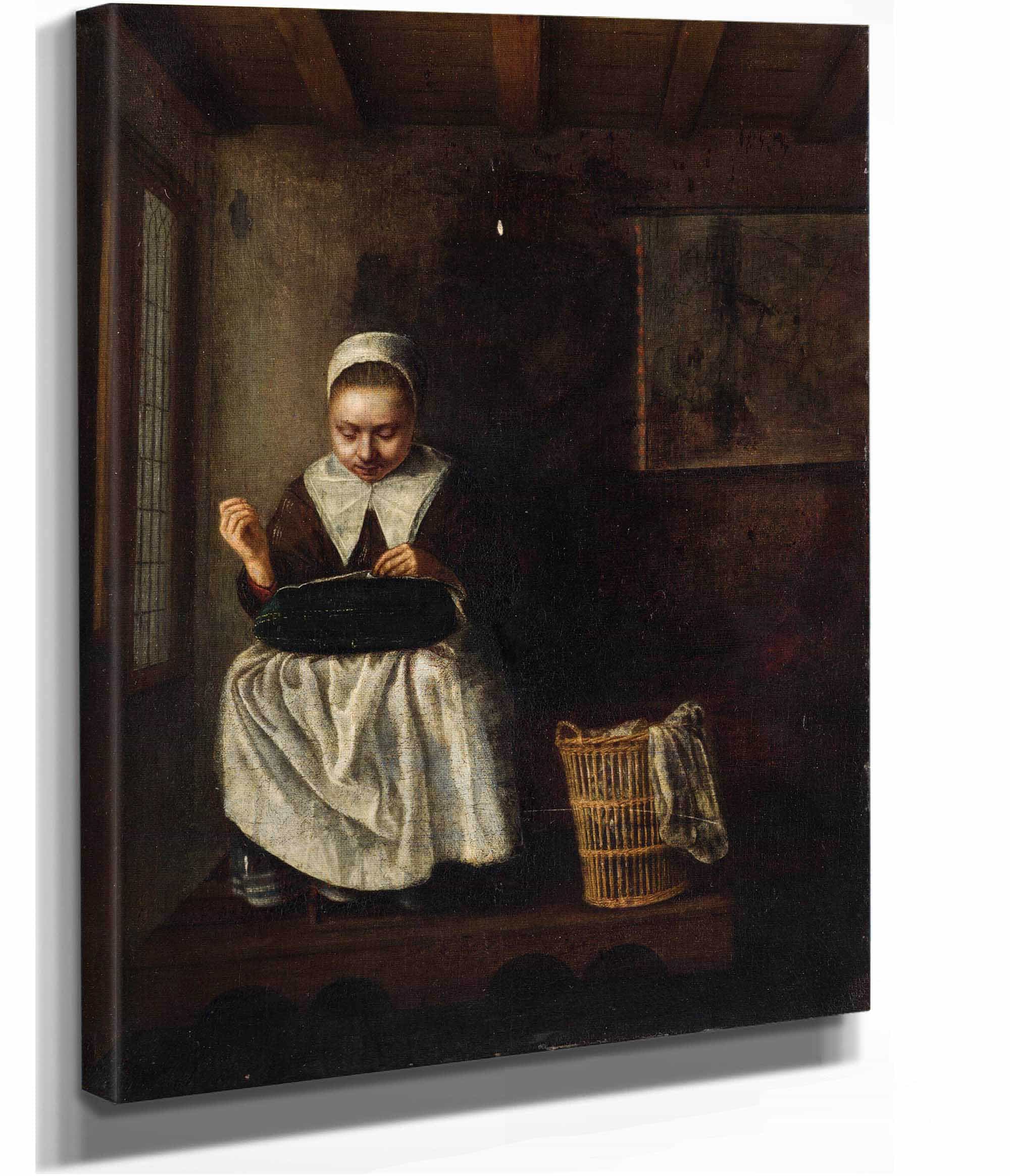 A Girl Sewing by Nicolaes Maes - Image 2