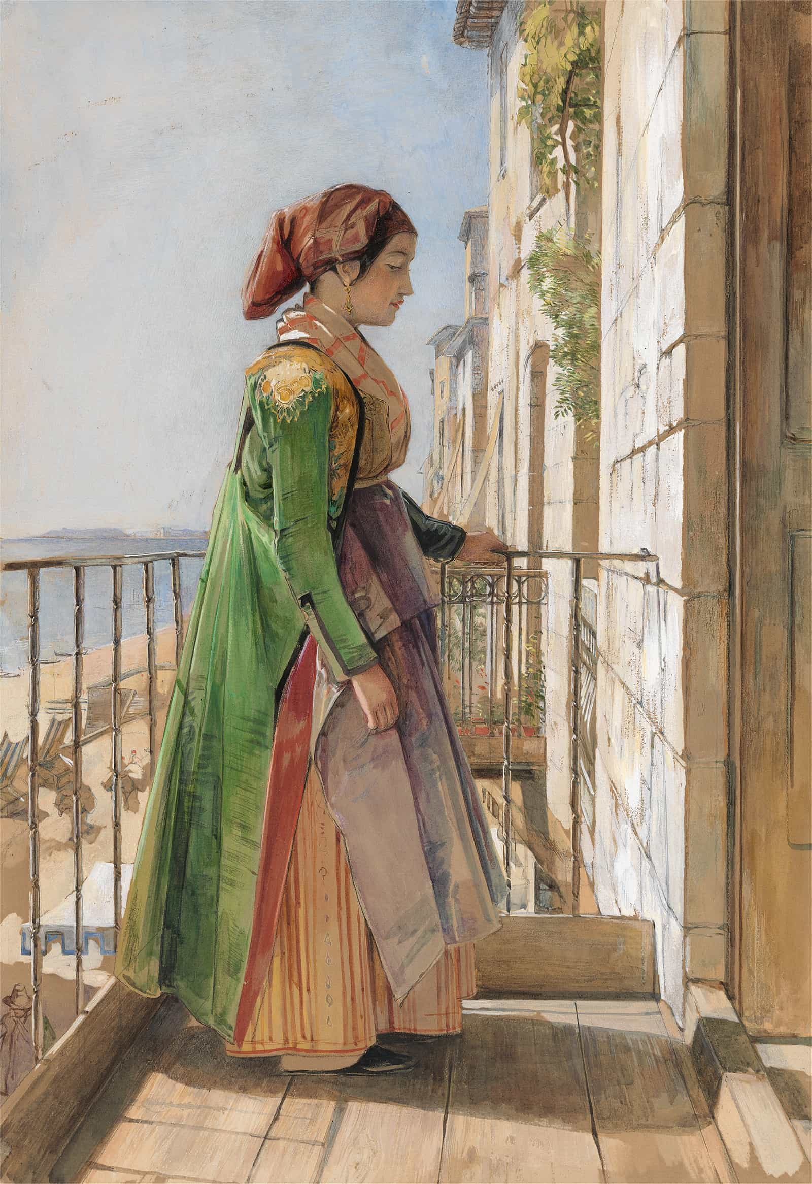 A Greek Girl Standing On A Balcony by John Frederick Lewis - Image 2