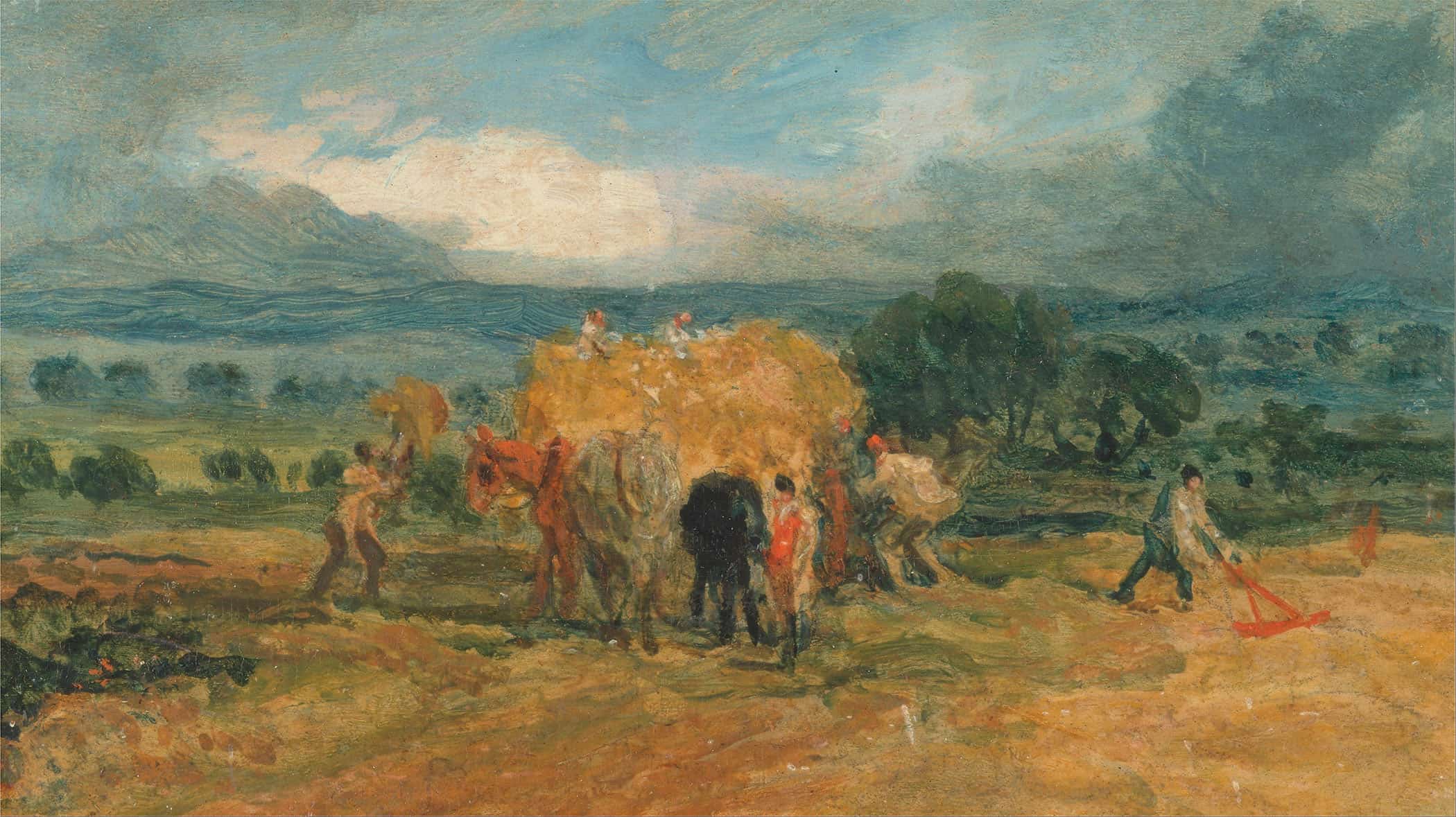 A Harvest Scene With Workers Loading Hay On To A Farm Wagon by James Ward - Image 2