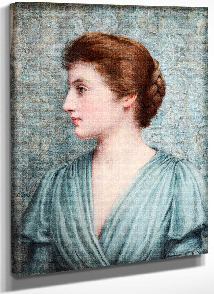 A Lady, In Profile To The Left Before An 'Arts And Crafts' Background, Wearing Duck Egg Blue Draped Dress With Bell Sleeves, Her Brown Hair Upswept And Plaited Into A Knot At The Back Of Her Head.