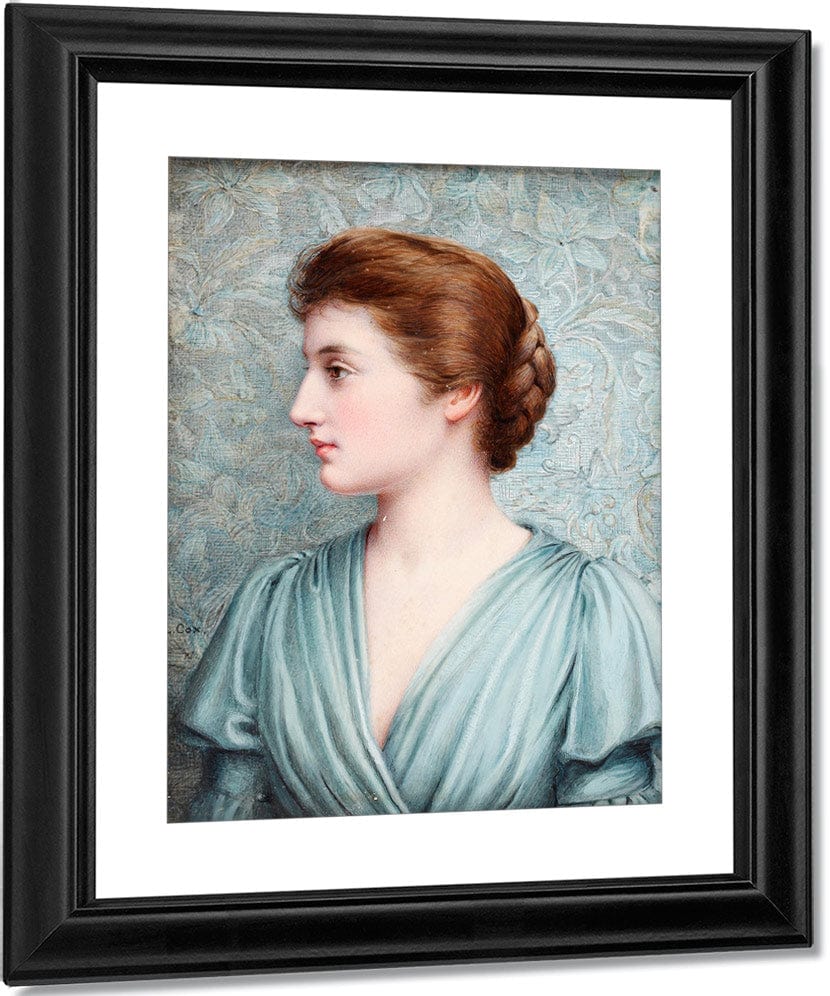 A Lady, In Profile To The Left Before An 'Arts And Crafts' Background, Wearing Duck Egg Blue Draped Dress With Bell Sleeves, Her Brown Hair Upswept And Plaited Into A Knot At The Back Of Her Head. - Image 2