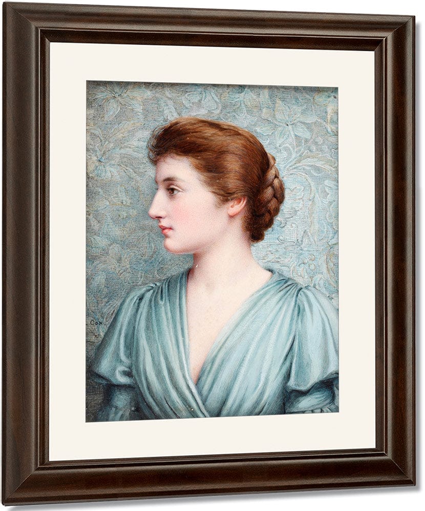 A Lady, In Profile To The Left Before An 'Arts And Crafts' Background, Wearing Duck Egg Blue Draped Dress With Bell Sleeves, Her Brown Hair Upswept And Plaited Into A Knot At The Back Of Her Head. - Image 3