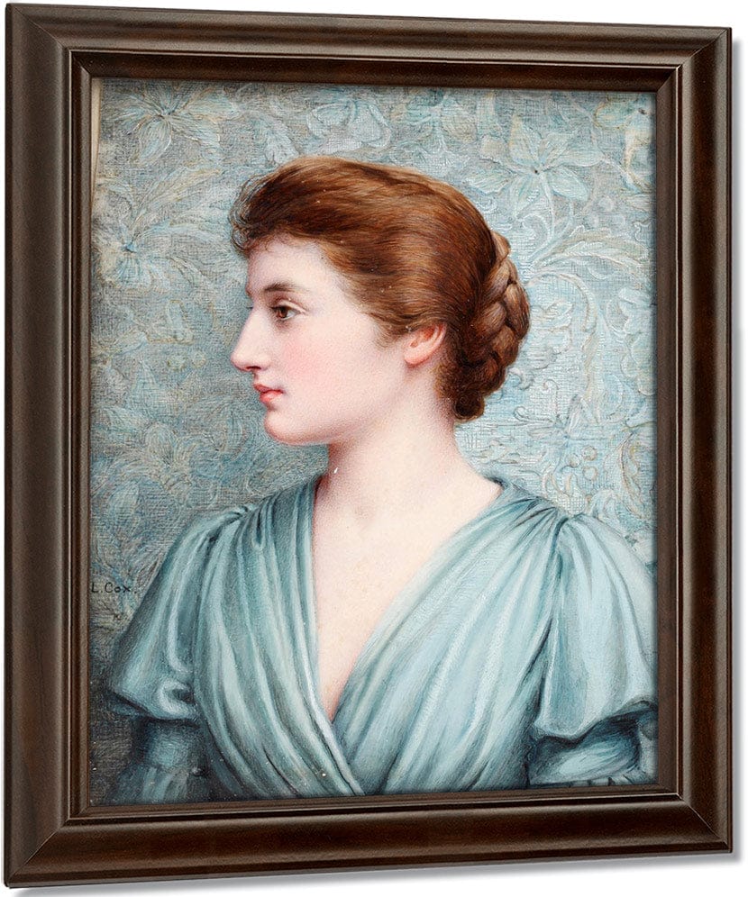 A Lady, In Profile To The Left Before An 'Arts And Crafts' Background, Wearing Duck Egg Blue Draped Dress With Bell Sleeves, Her Brown Hair Upswept And Plaited Into A Knot At The Back Of Her Head. - Image 4