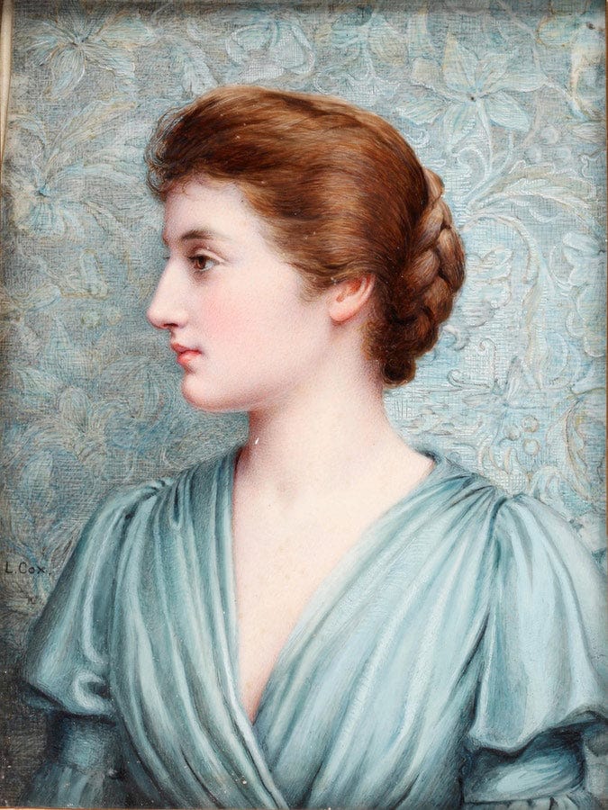 A Lady, In Profile To The Left Before An 'Arts And Crafts' Background, Wearing Duck Egg Blue Draped Dress With Bell Sleeves, Her Brown Hair Upswept And Plaited Into A Knot At The Back Of Her Head. - Image 5