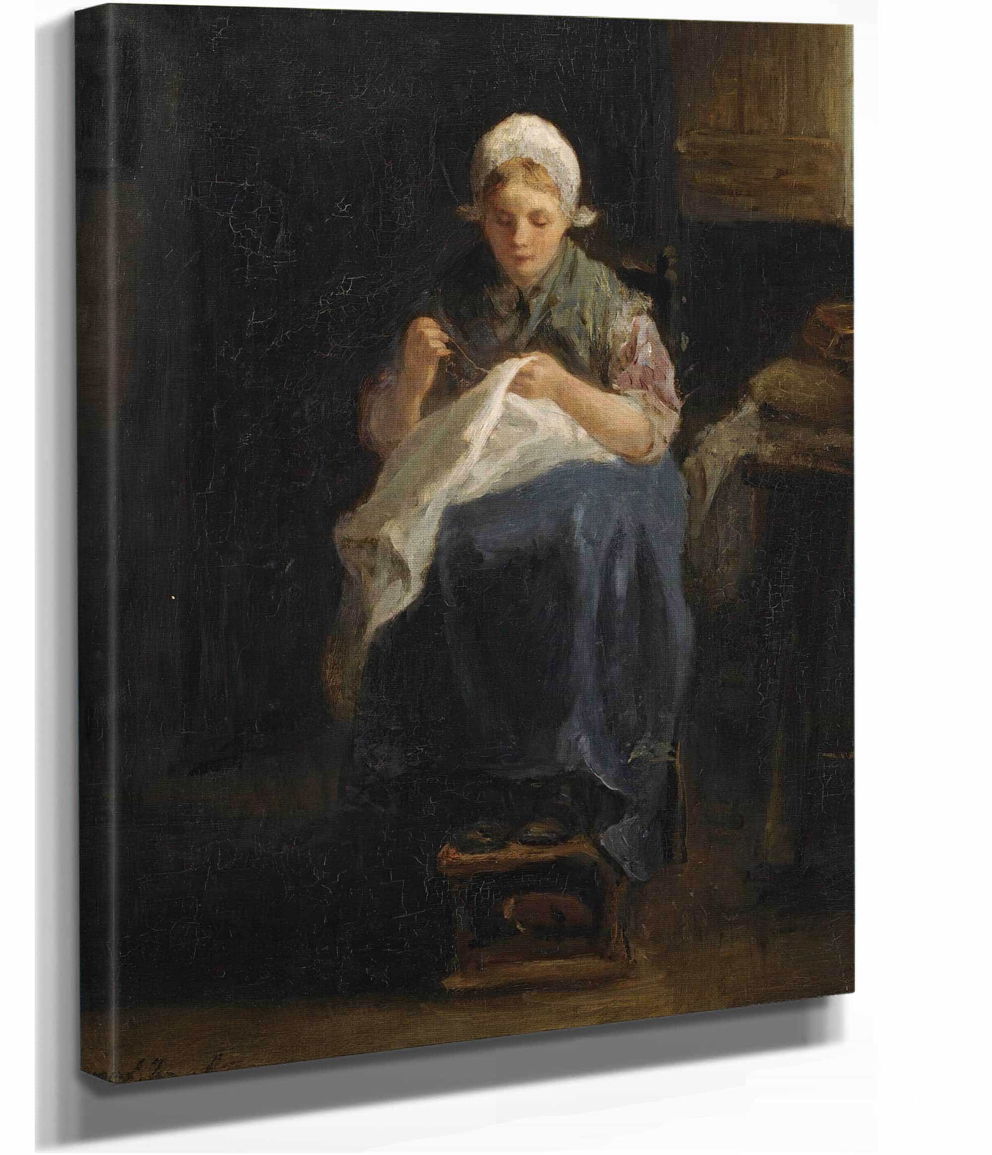 A Peasant Girl Sewing by Jozef Israels - Image 2