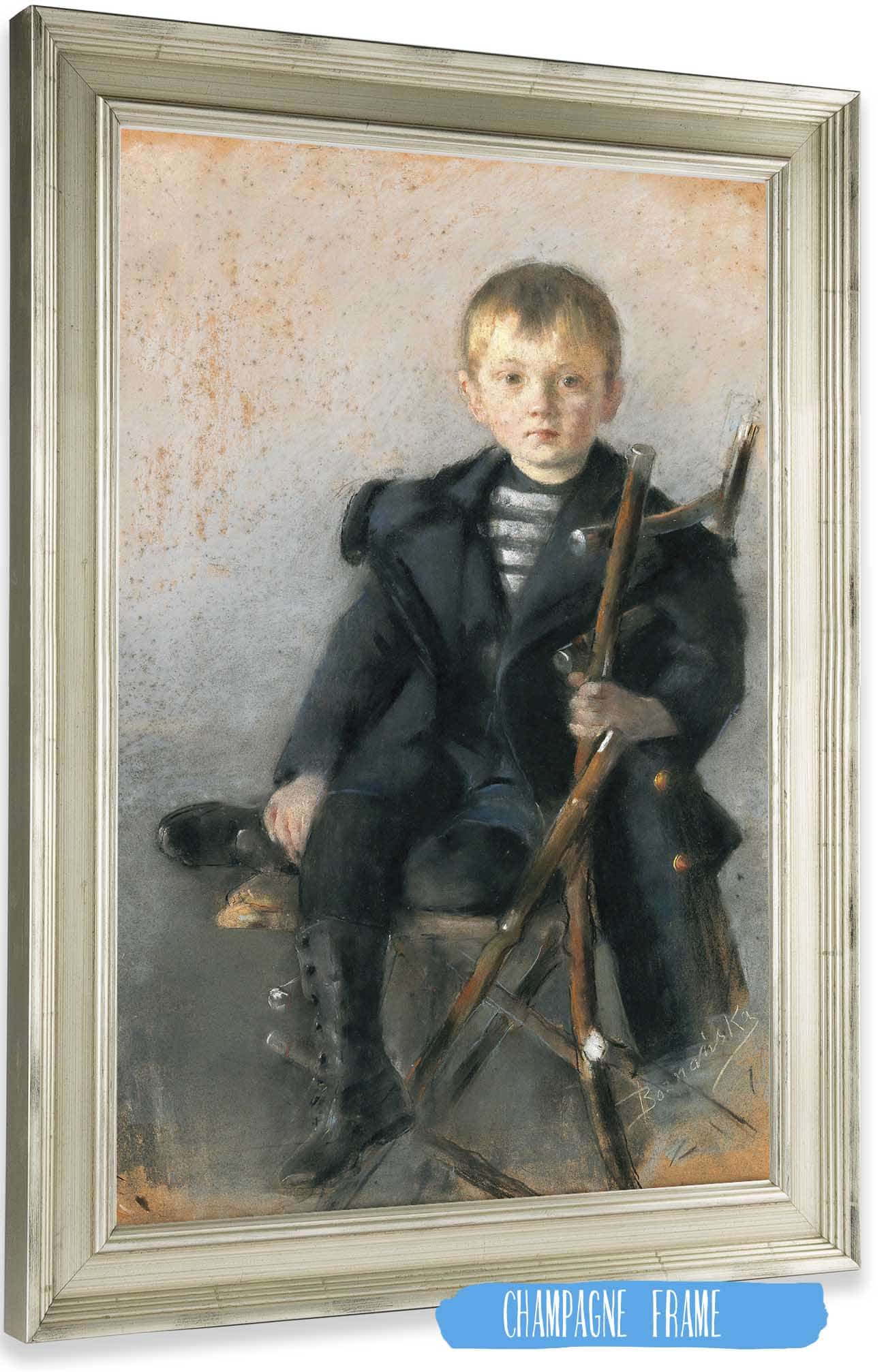 A Portrait Of A Blond Boy And Black Coat With Gold Button by Olga Boznanska