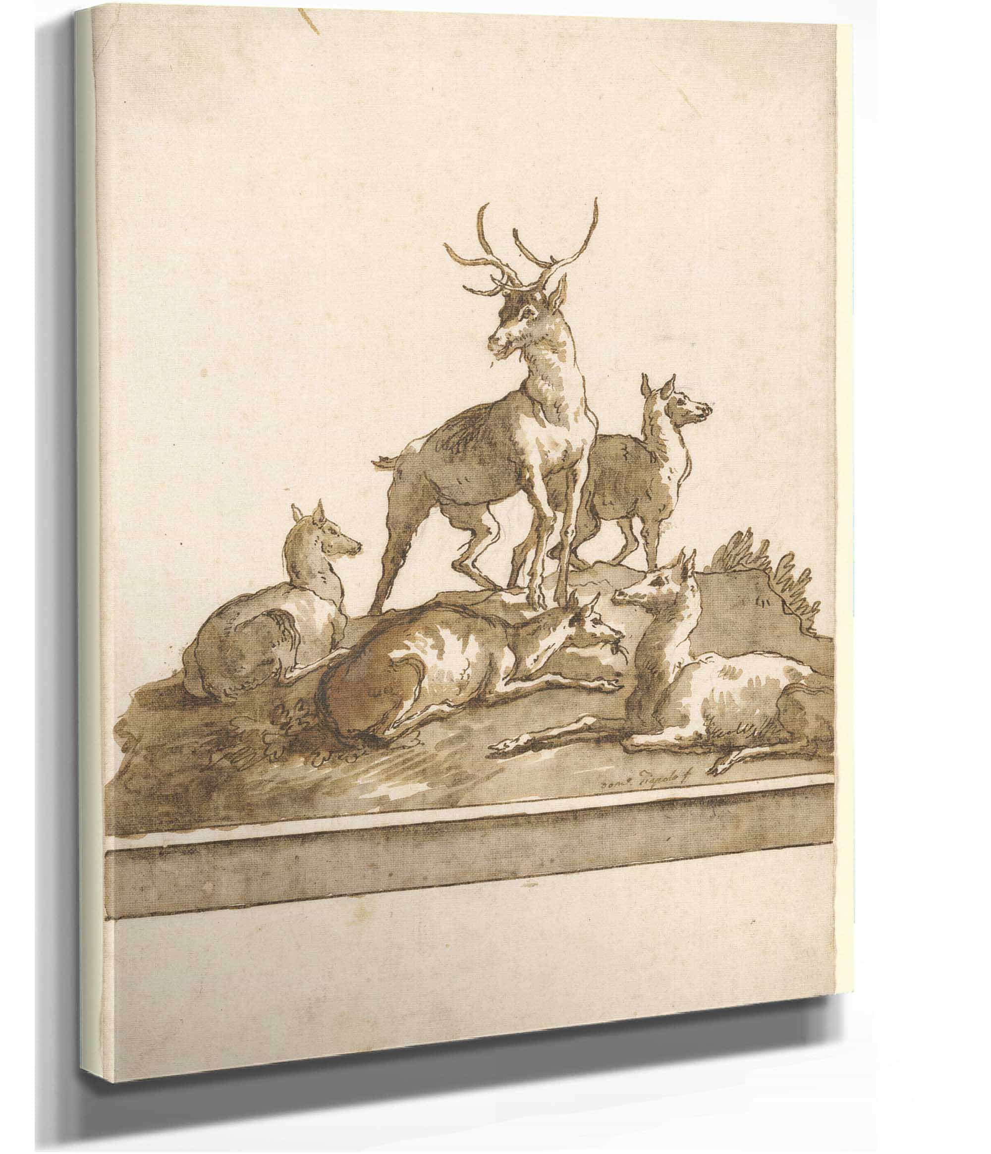 A Stag And Four Hinds On A Grassy Knoll With Base After by Giovanni Domenico Tiepolo - Image 2