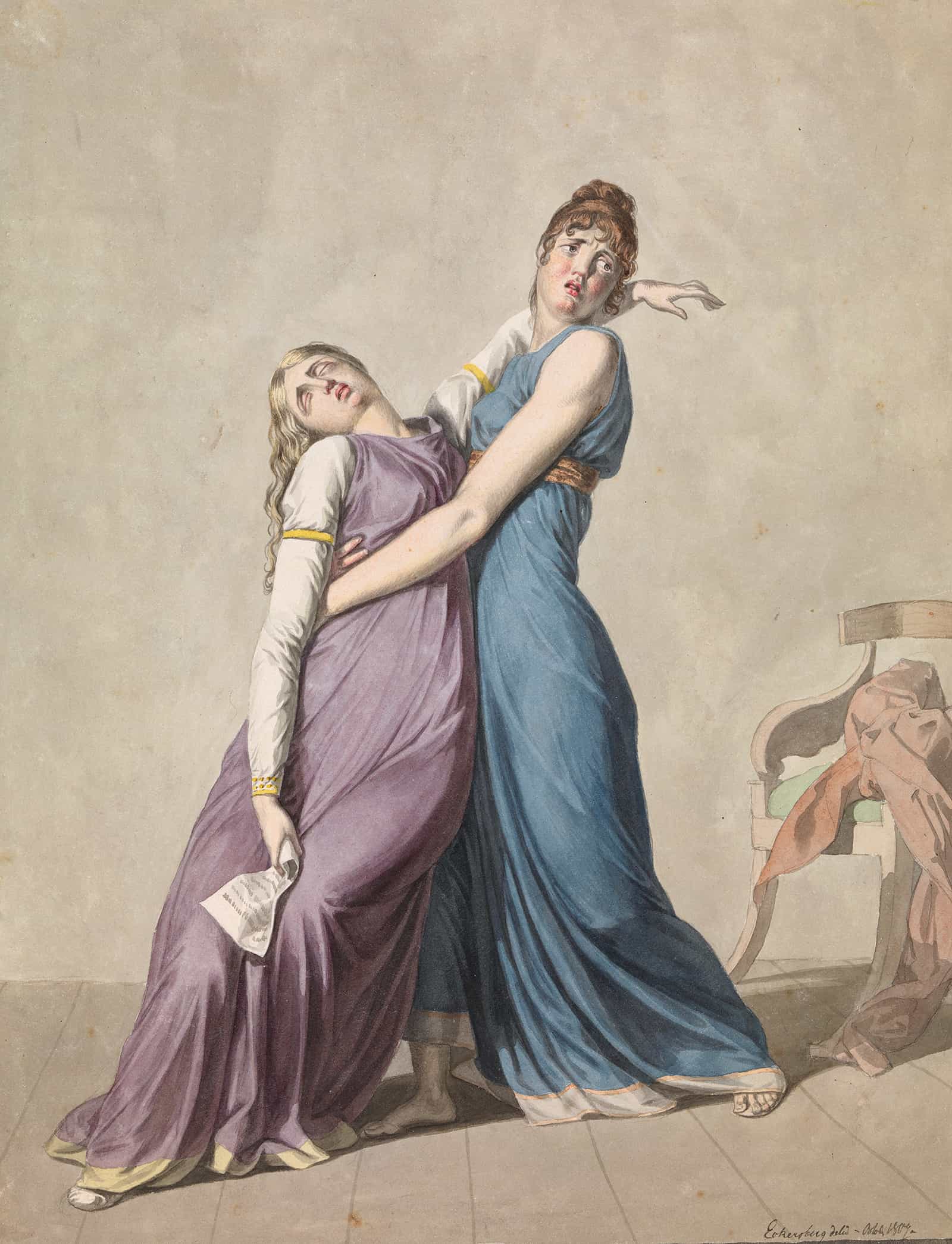 A Woman Is Supporting Another Woman Who Has Fainted Upon Reading A Letter by Christoffer Wilhelm Eckersberg