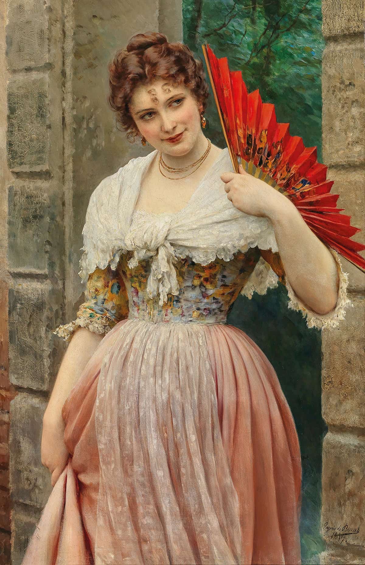 A Young Lady With A Red Fan by Eugen Von Blaas - Image 3