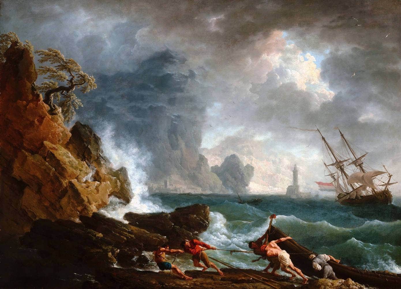 An Italian Harbour In Stormy Weather Painting Claude Vernet Canvas Art - Image 5