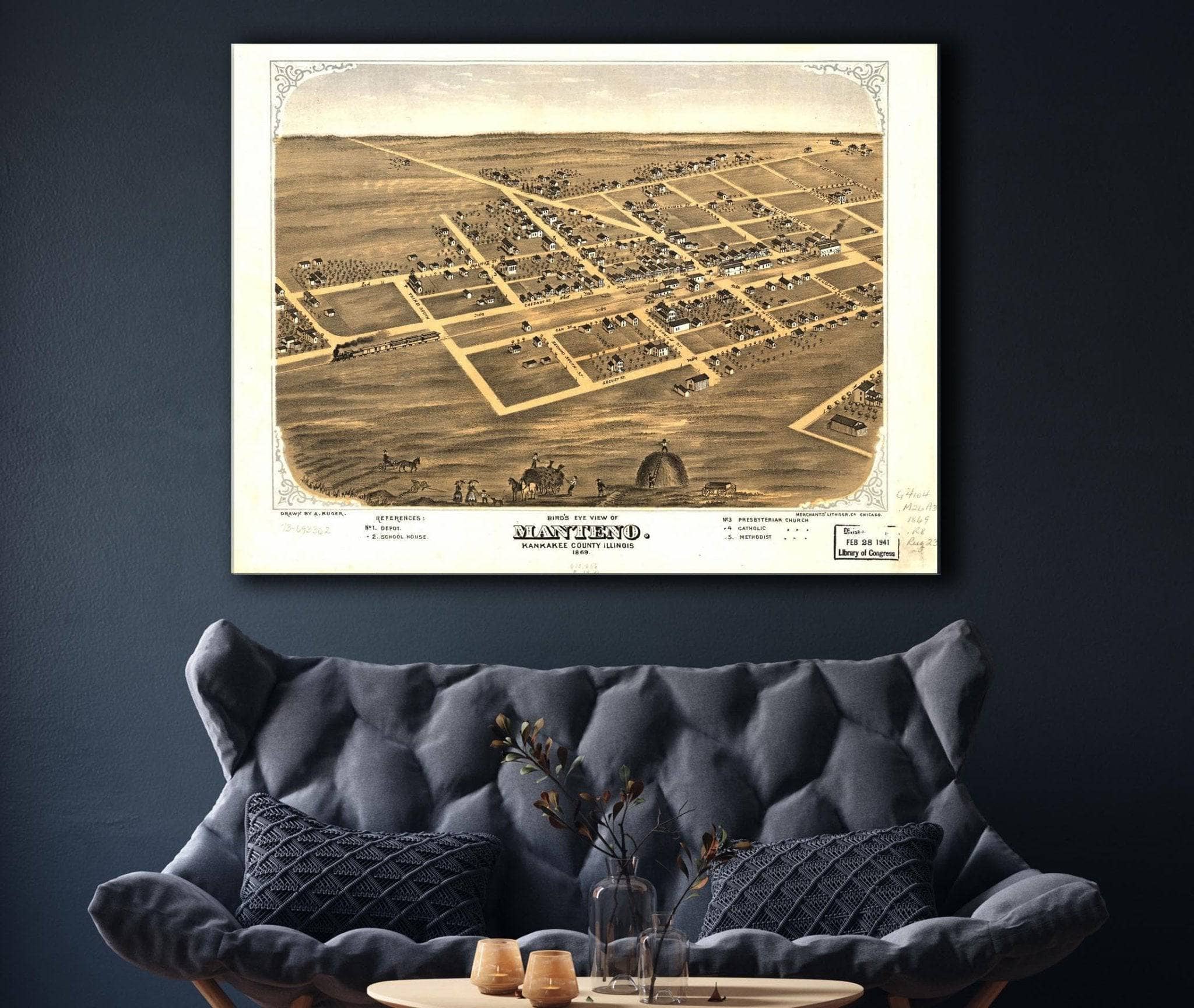 Birds Eye View Of Manteno Kankakee County Illinois 1869 State of Illinois - Image 7