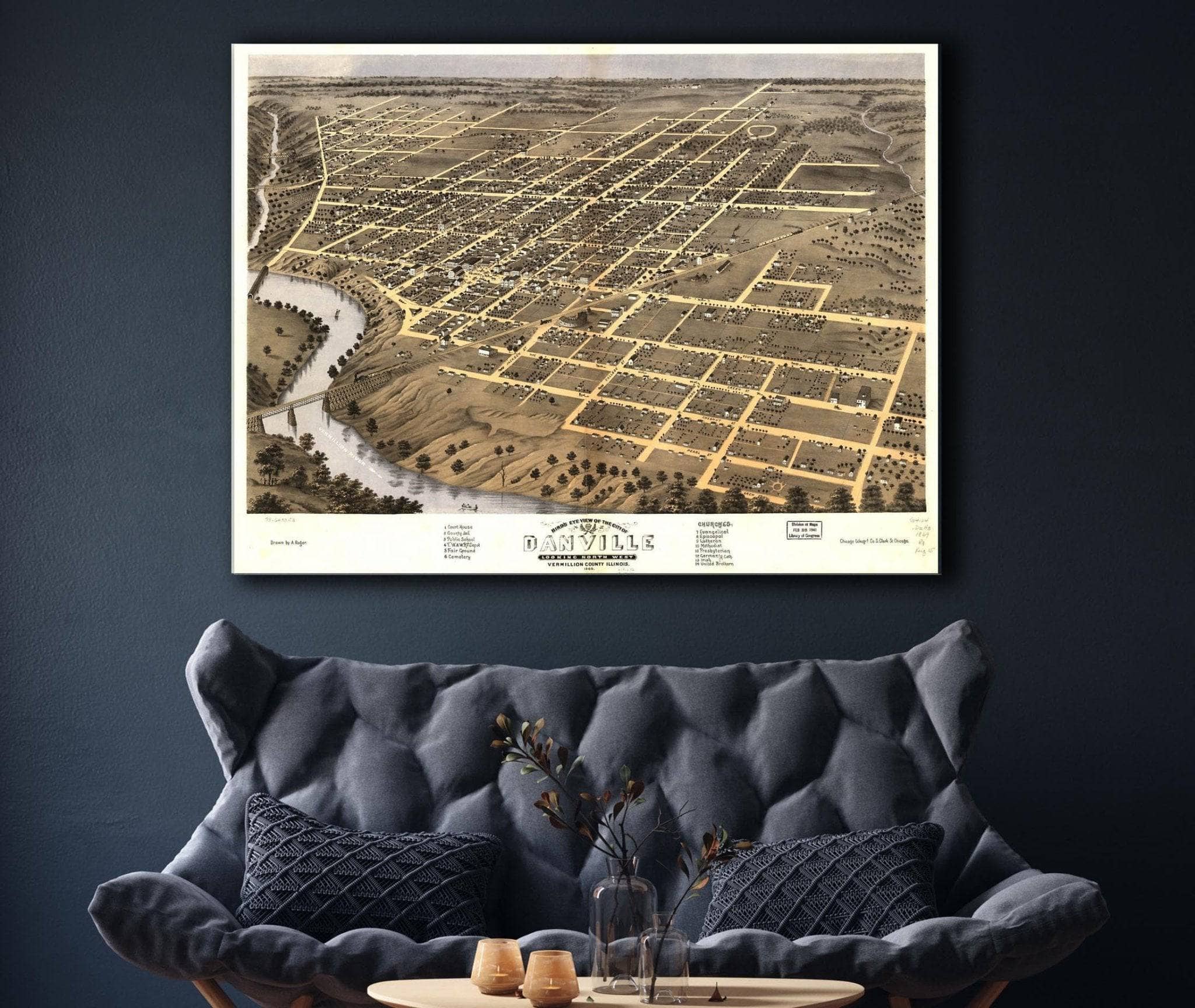 Birds Eye View Of The City Of Danville Vermillion County Illinois 1869 State of Illinois - Image 7