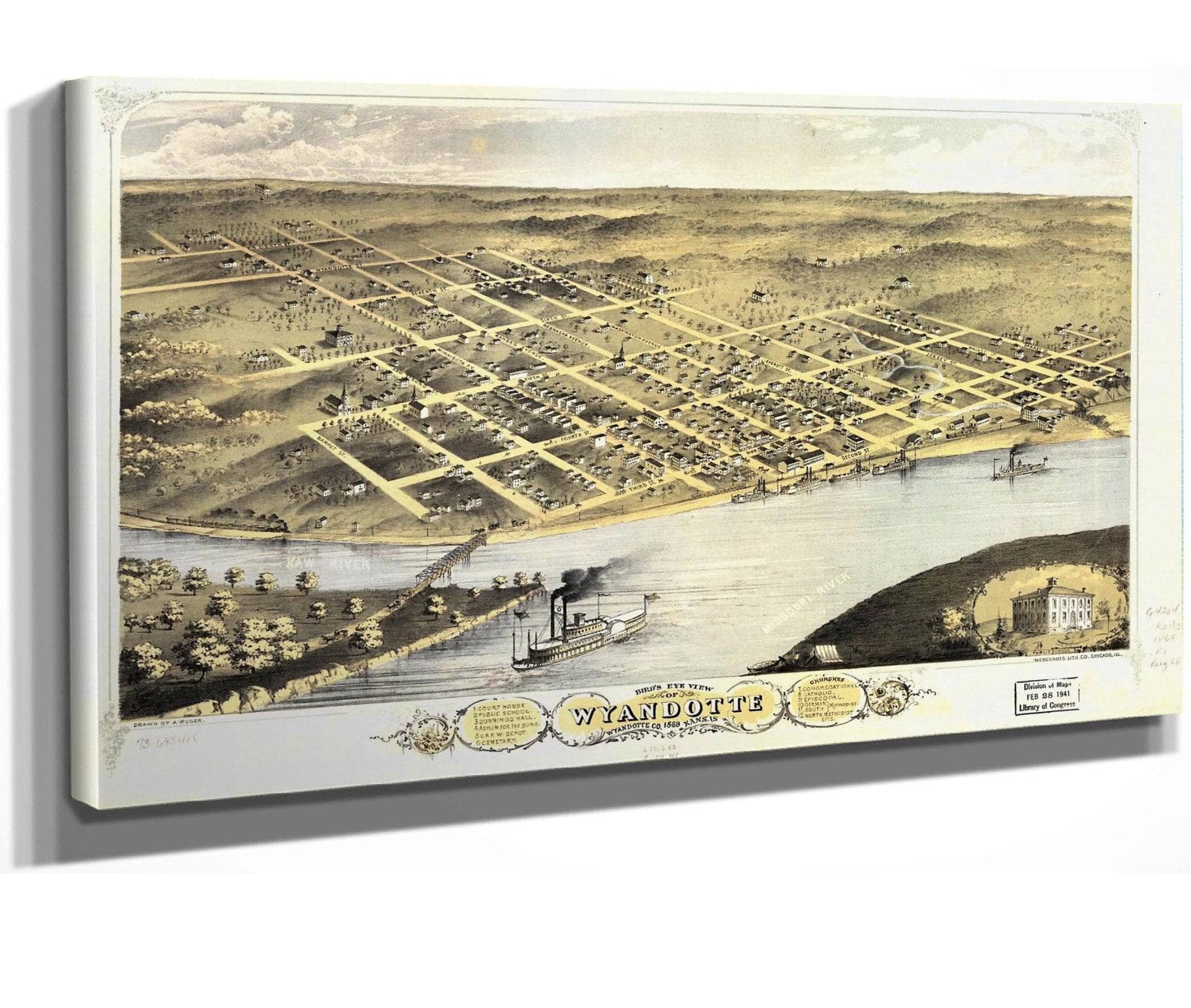 Birds Eye View Of Wyandotte Wyandotte Co Kansas 1869 State Of Kansas