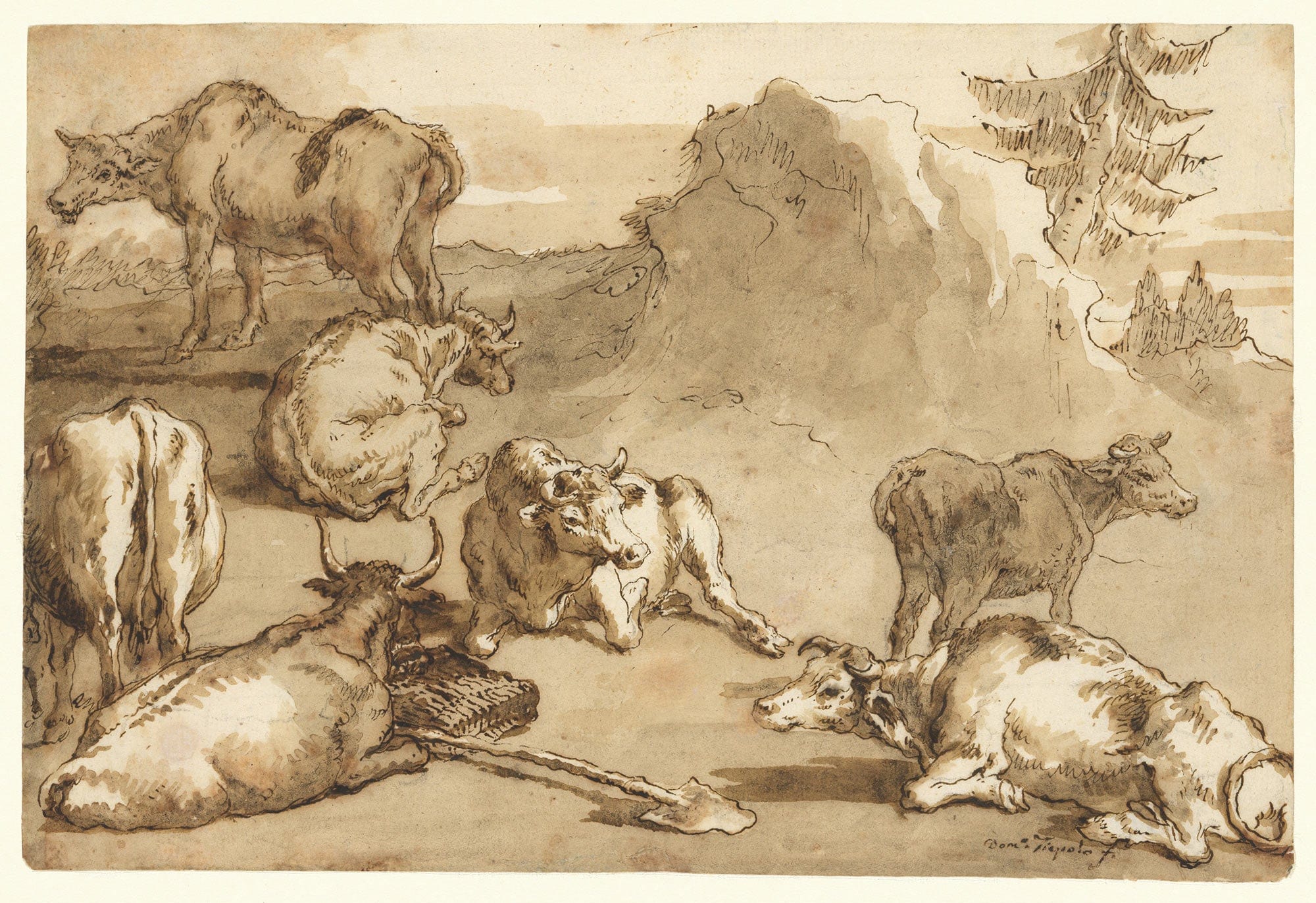 Cattle In A Landscape Mid Th Early Th Century by Giovanni Domenico Tiepolo
