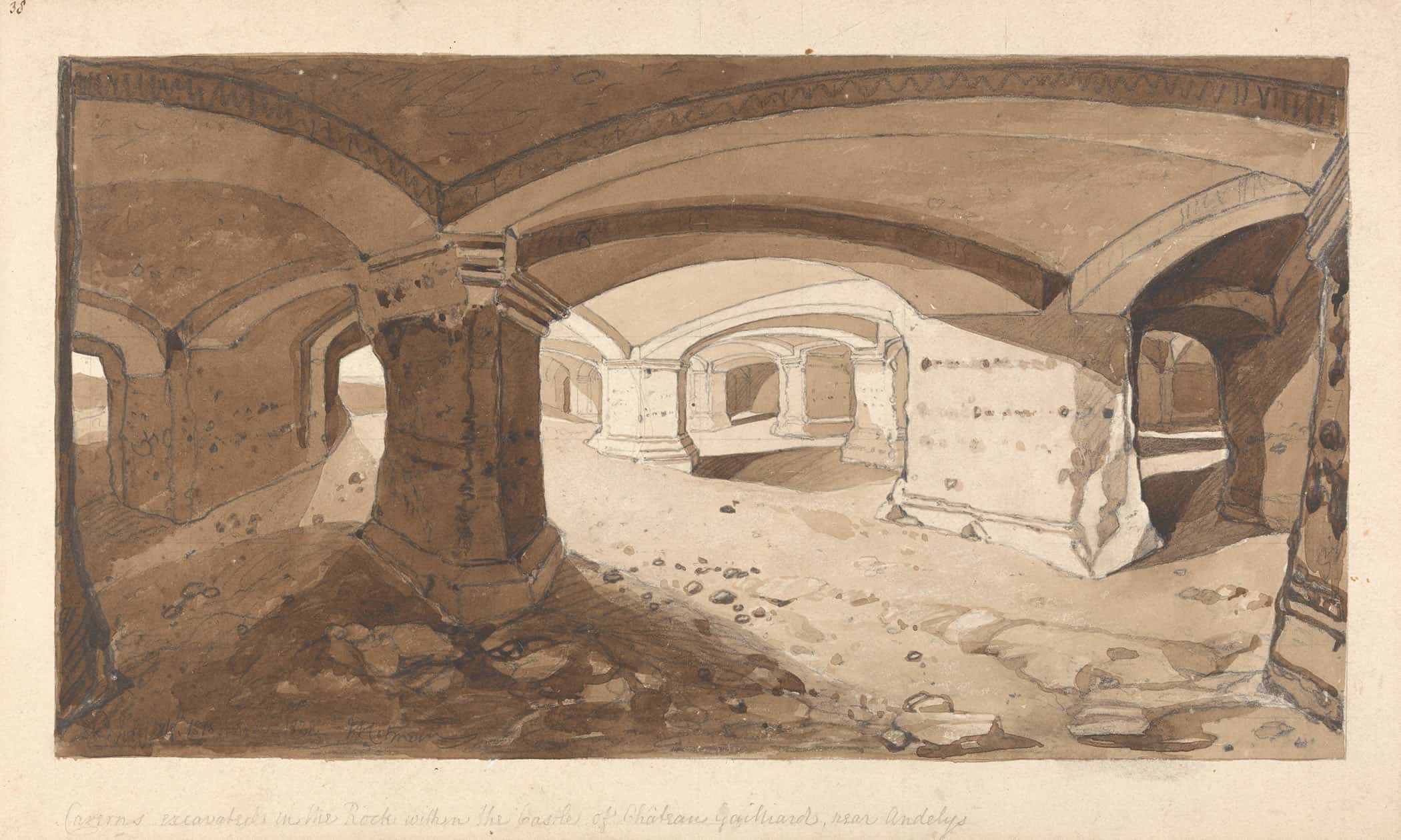 Caverns Excavated In The Rock Within The Castle Of Chateau Gaillard Near Andelys Normandy by John Sell Cotman