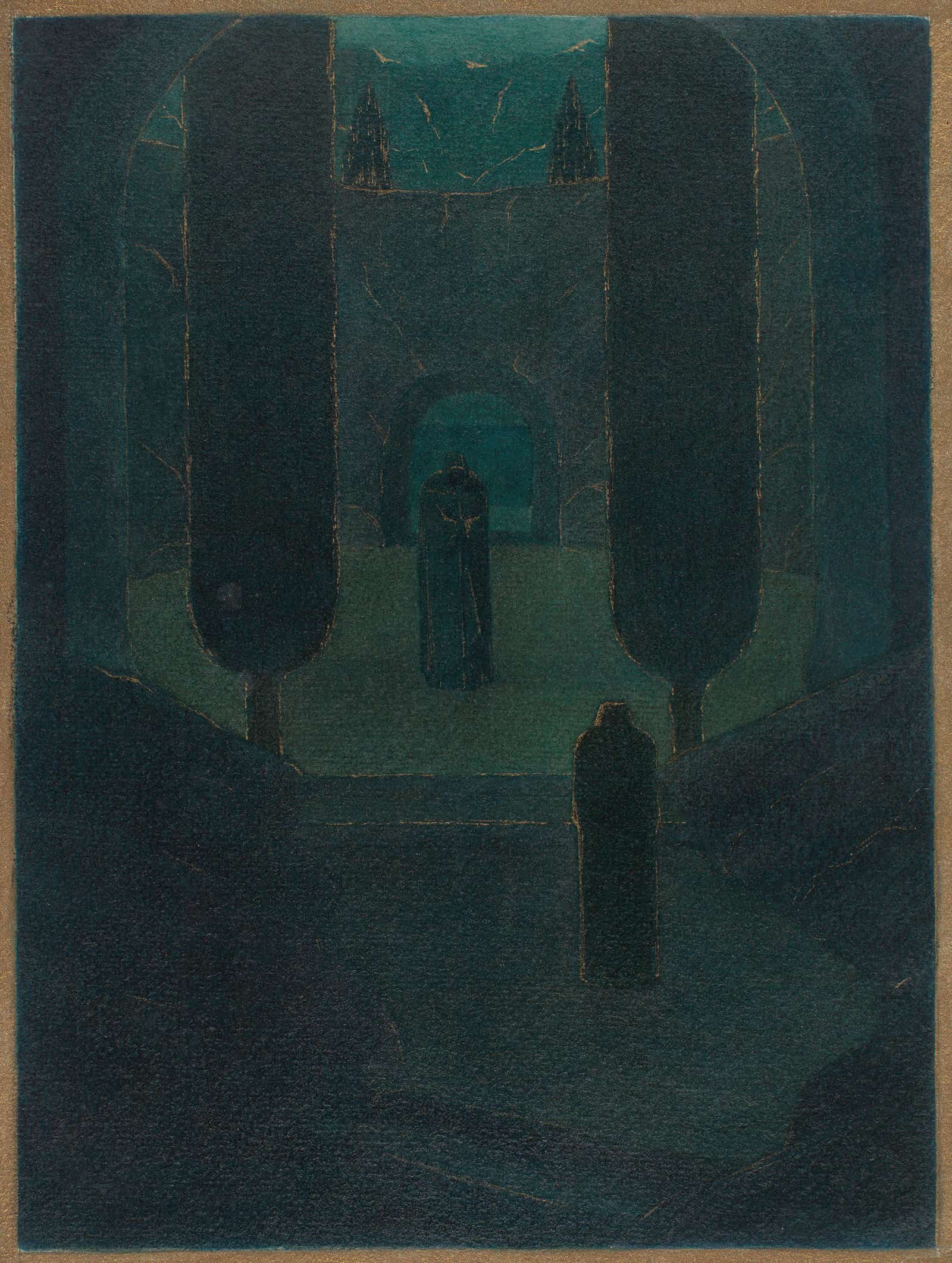 Cloaked Figures In A Dark Garden by Herbert Crowley