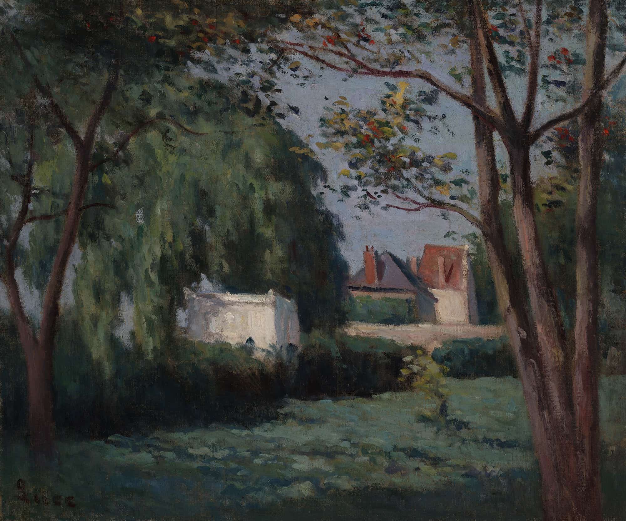 Country Scene With Three Houses And Trees by Maximilien Luce