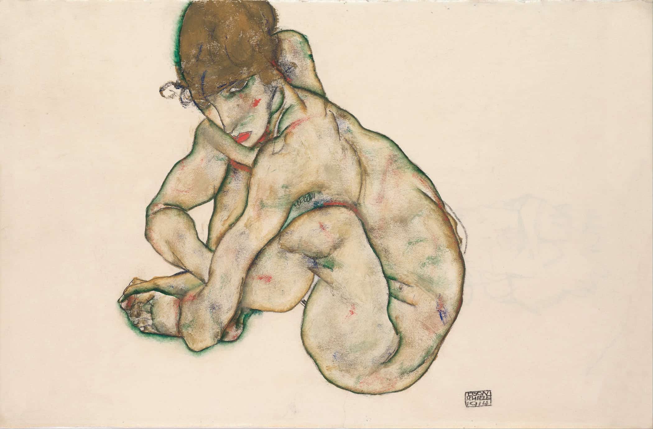 Crouching Nude Girl by Egon Schiele - Image 2