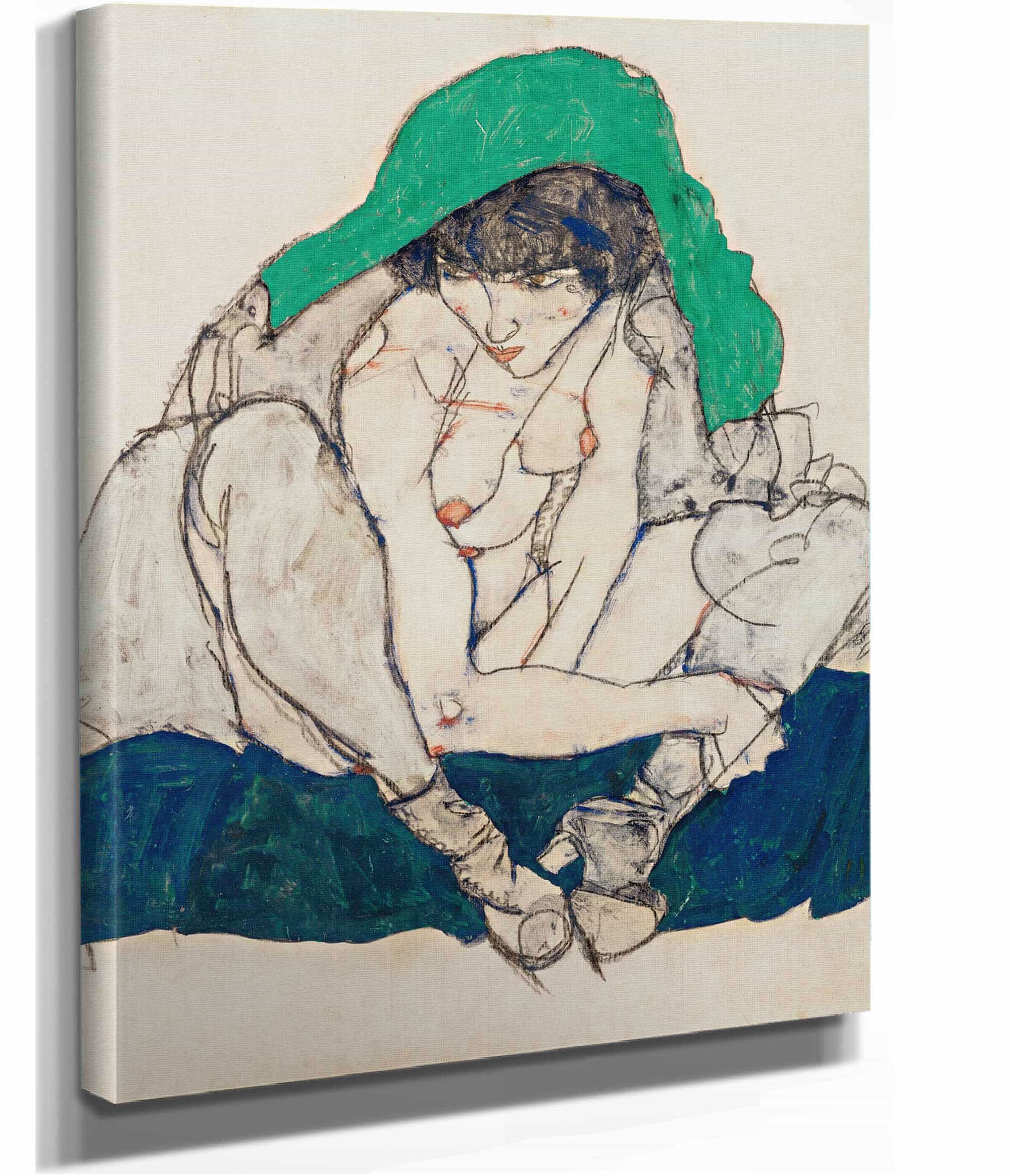 Crouching Woman With Green Headscarf by Egon Schiele - Image 2