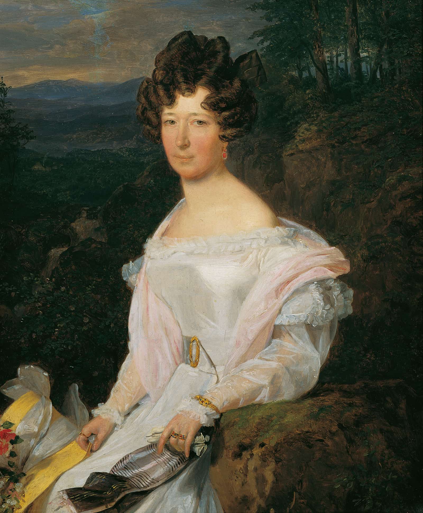 Dame In Weibem Kleid Vor Einer Wienerwaldlandschaft by Ferdinand Georg Waldmuller