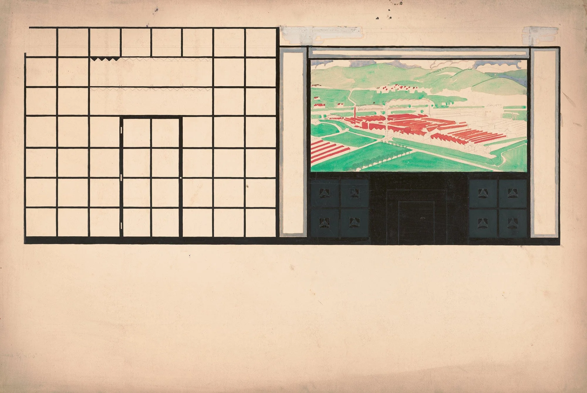 Design Drawings For Mercedes Motors Showroom Study Of Interior Elevation With Mural by Winold Reiss
