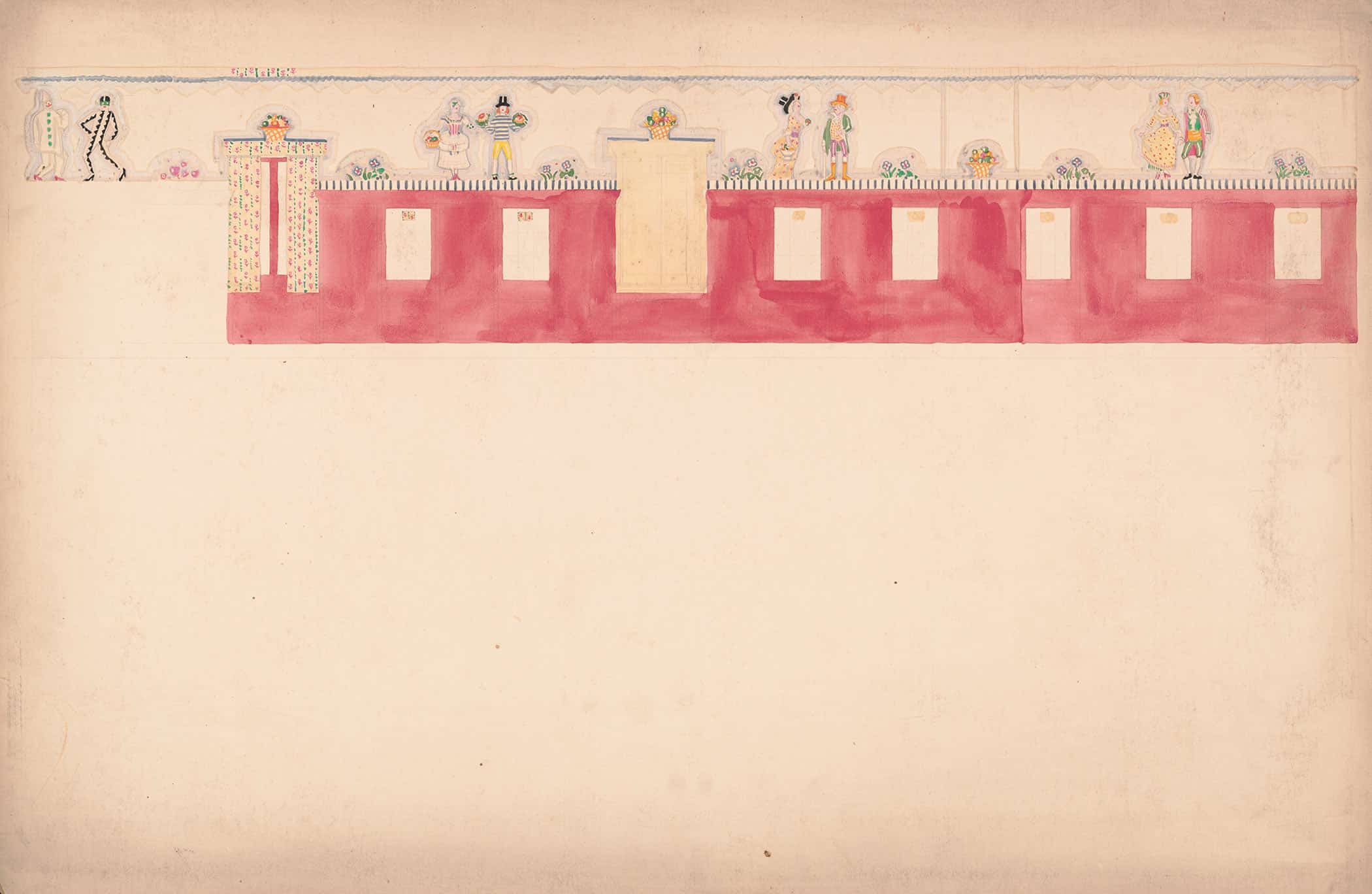 Design For Unidentified Commercial Interior Possibly Restaurant Or Bakery Elevation With Frieze Of Paired Figures by Winold Reiss