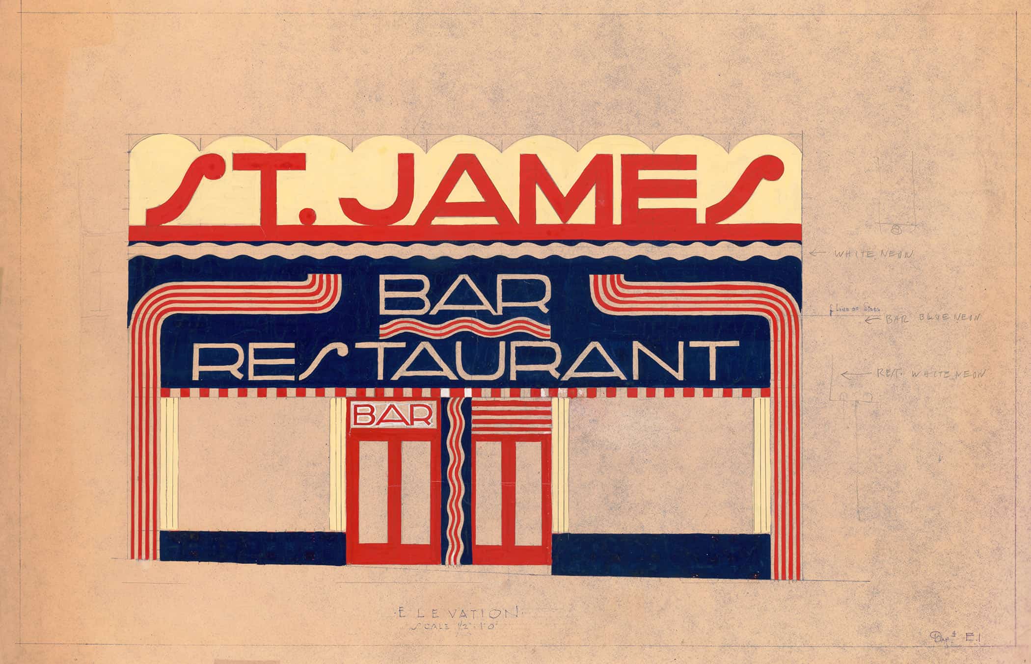 Designs And Photographs For Alterations To St James Bar Restaurant W St And New York Ny Study Of Exterior Elevation by Winold Reiss