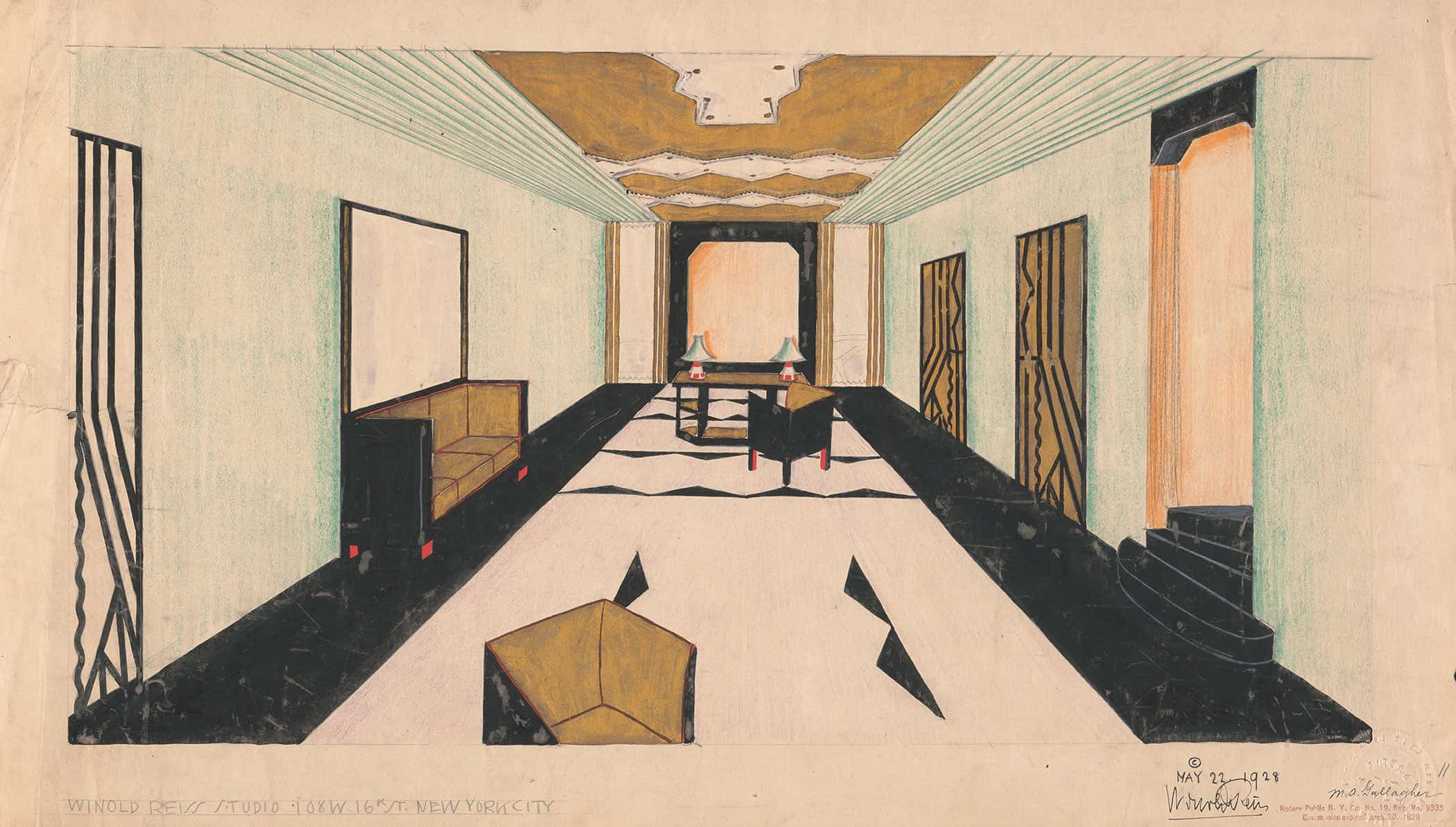 Designs For Shellball Apartments Talbot St At Lefferts Blvd Kew Gardens New York Ny Perspective Drawing Of Lobby by Winold Reiss