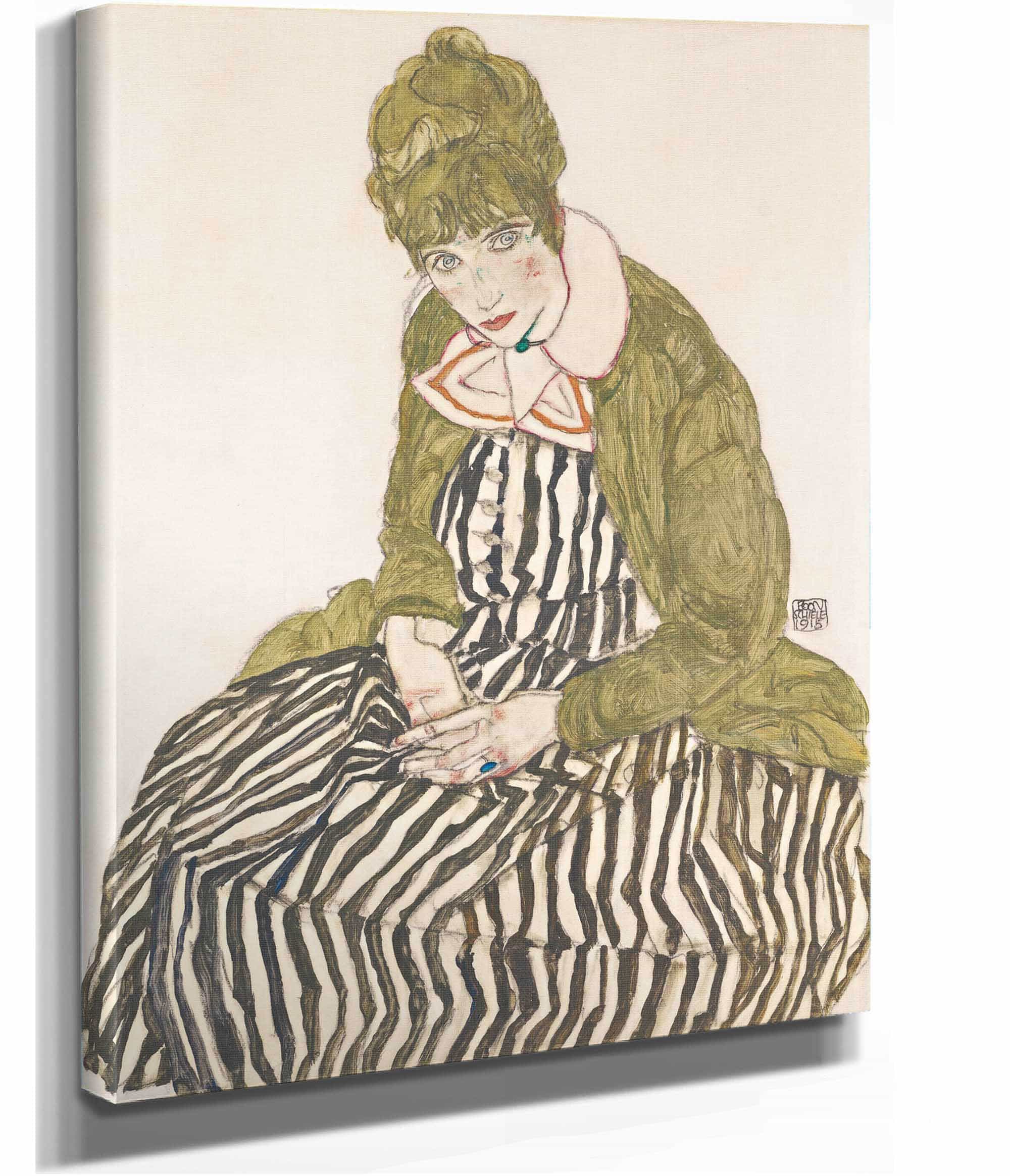 Edith With Striped Dress Sitting by Egon Schiele - Image 2
