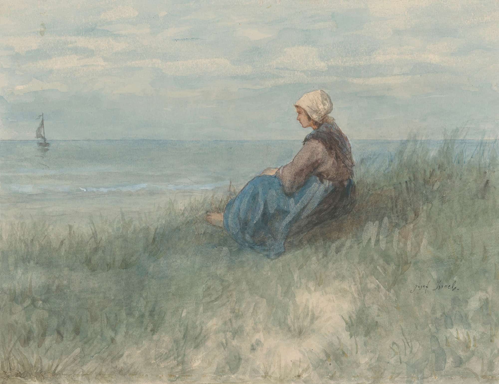 Een Vrouw Zit Op Een Duin Naar Zee Te Kijken by Jozef Israels