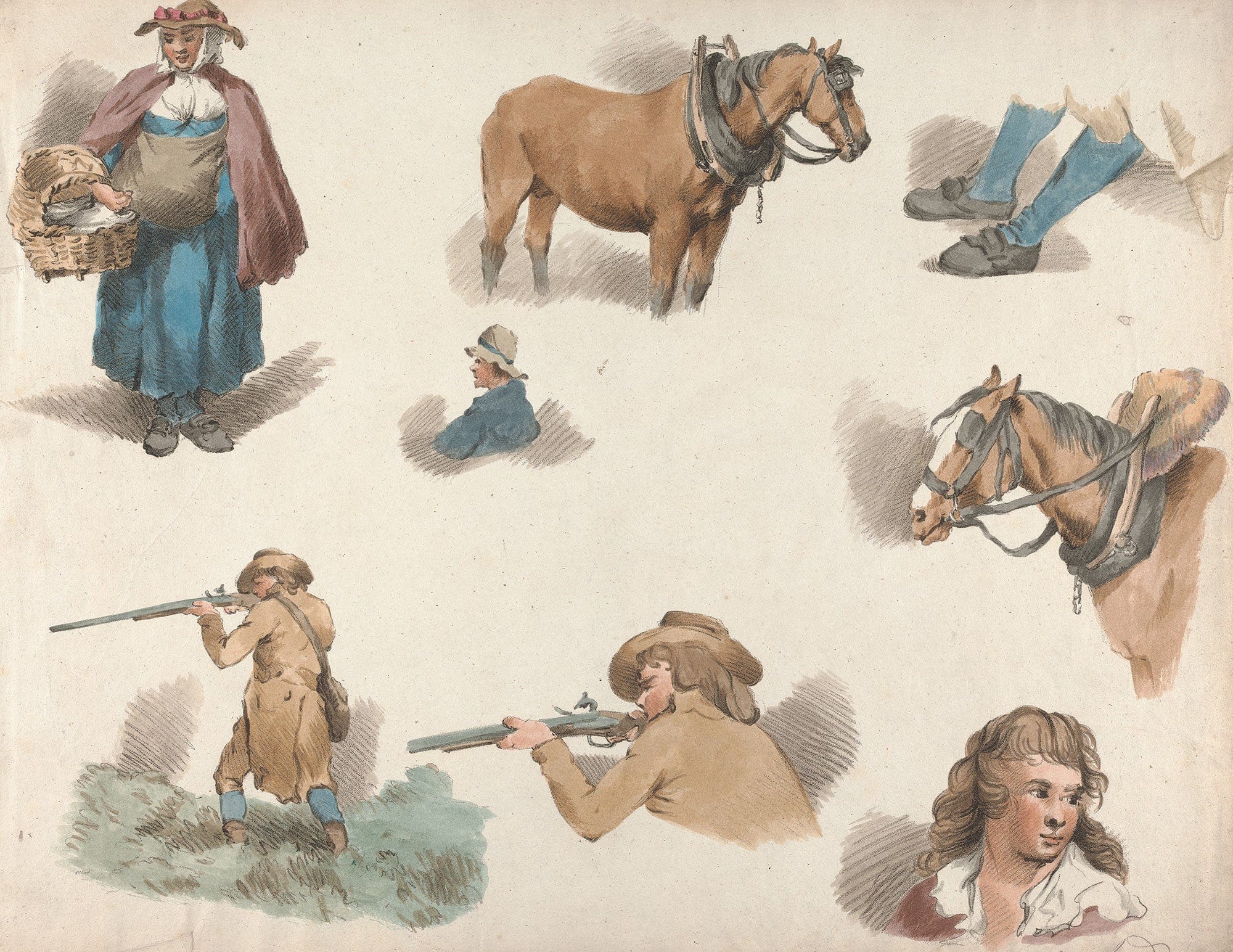 Eight Studies Woman With Basket Blinkered Cart Horse Etc by George Morland - Image 2