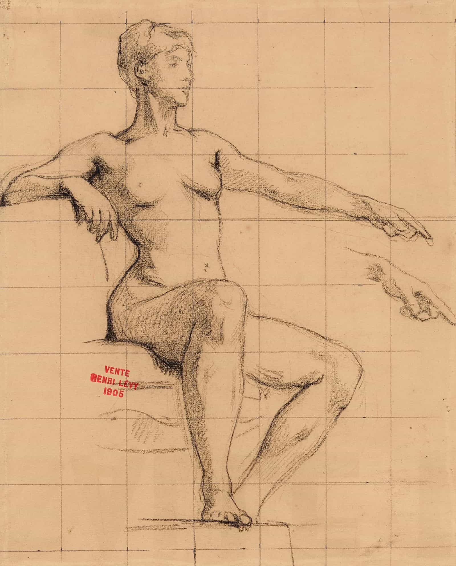 Etude De Jeune Femme Nue Assise Pointant Lindex Gauche Vers Lavant by Henri Leopold Levy