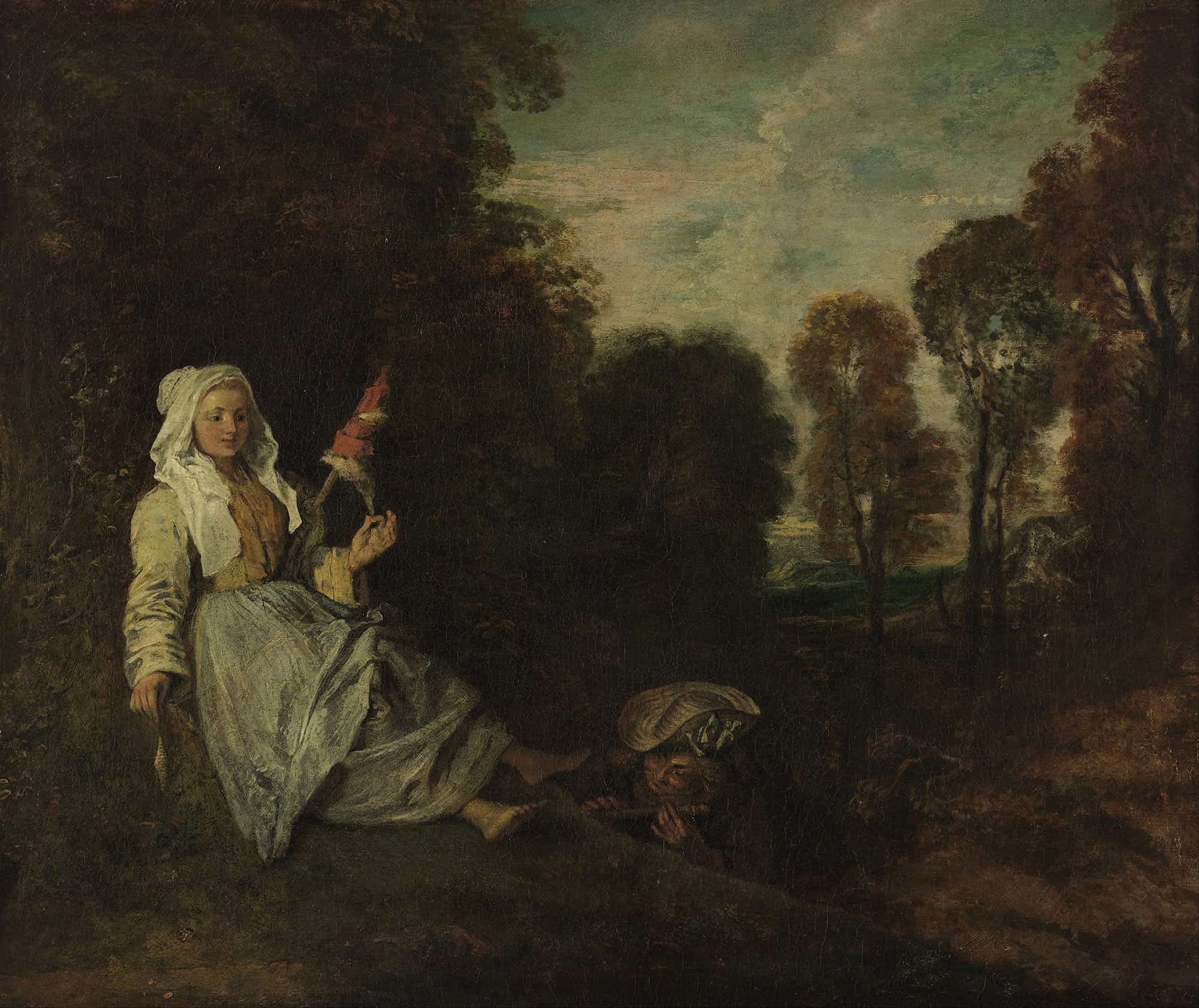 Evening Landscape With Spinner by Jean Antoine Watteau