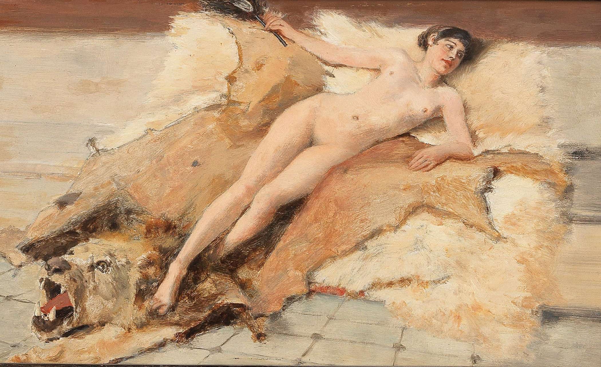 Female Nude On A Lion Pelt By Albert Von Keller - Image 2