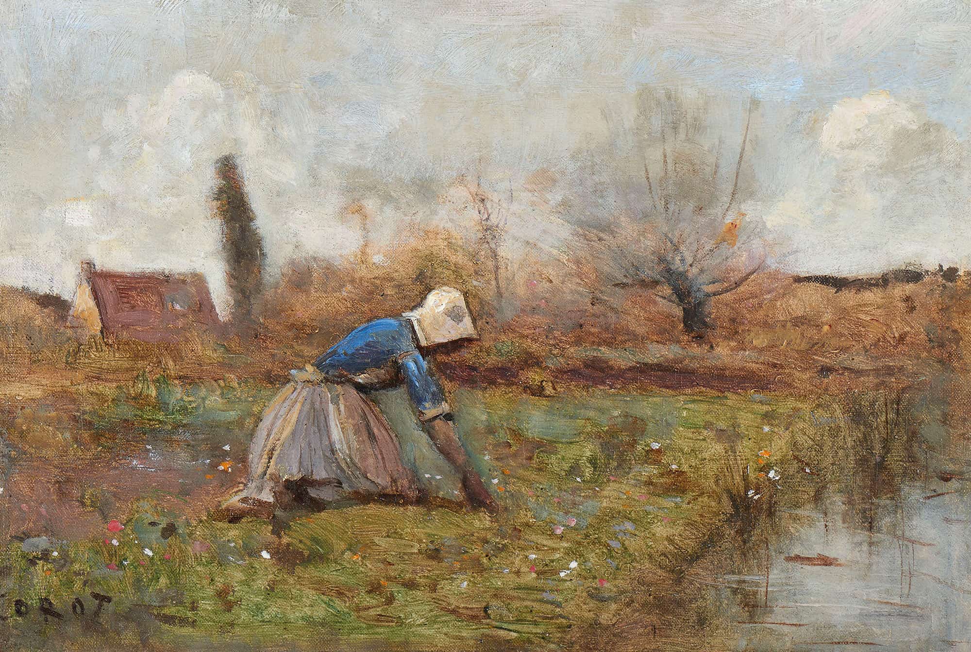 Fermiere Agenouillee Cueillant Des Pissenlits by Jean Baptiste Camille Corot