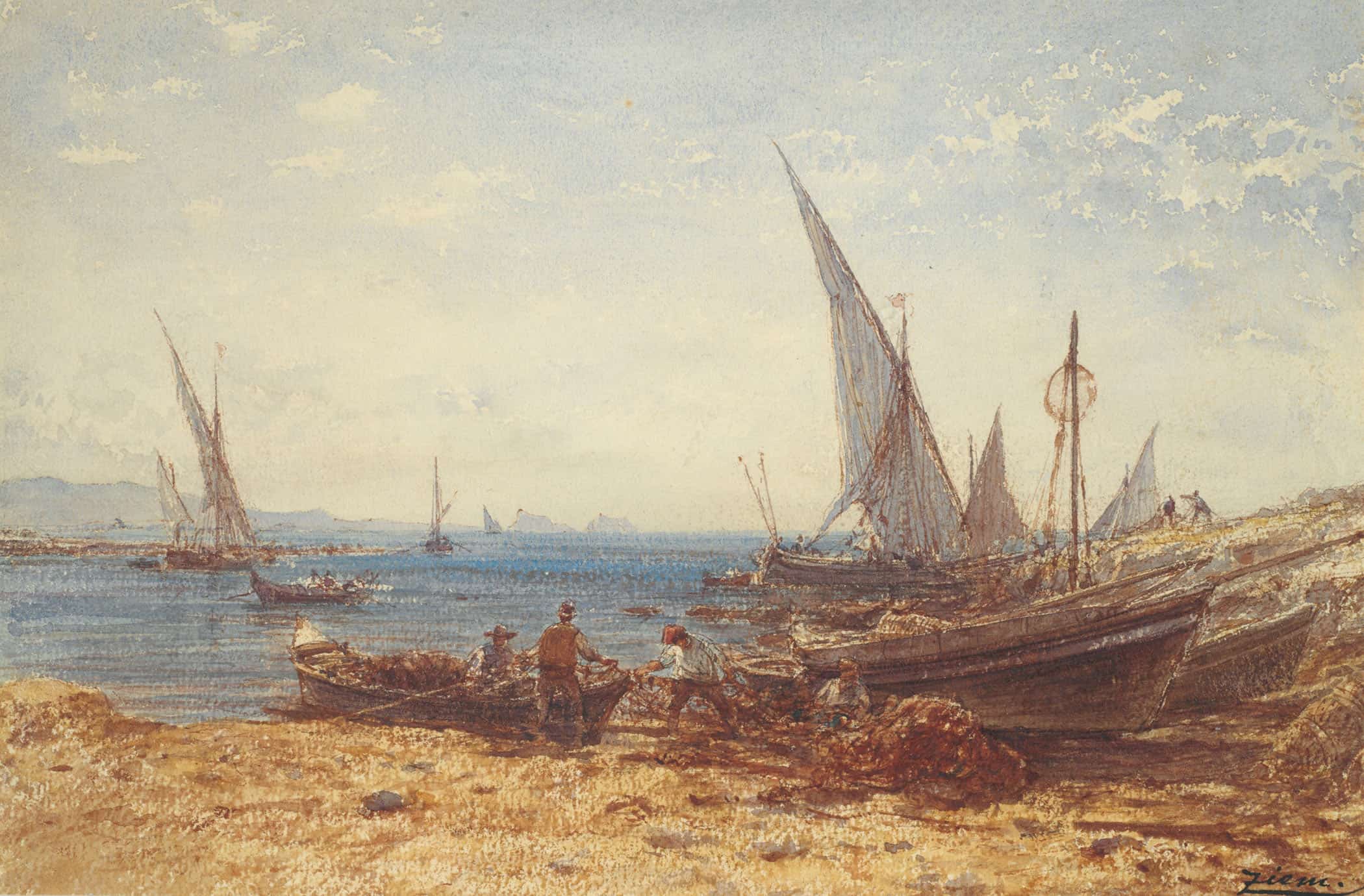 Fishermen And Boats At Waters Edge by Felix Ziem - Image 2