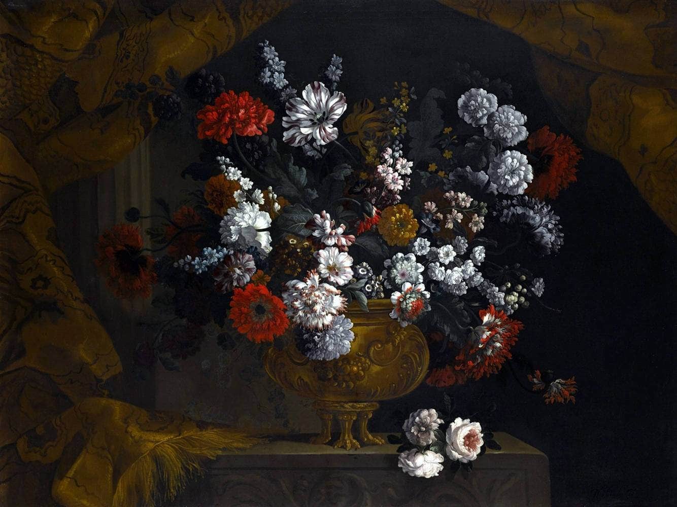 Flowers In A Guilt Urn On A Stone Ledge Painting Pieter Casteels Iii Canvas Art - Image 5