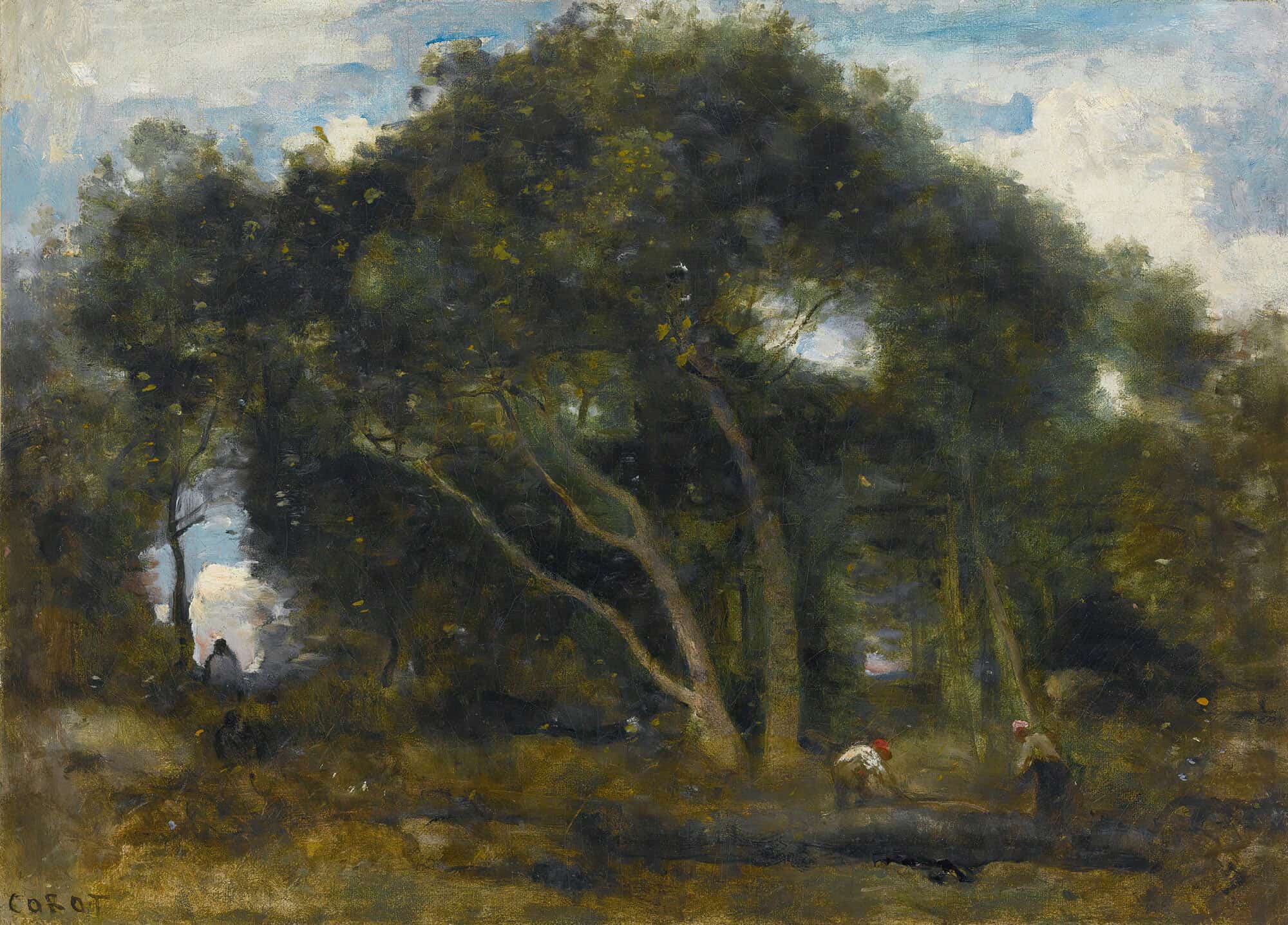 Fontainebleau Chenes Inclines Dans Une Eclaircie De Foret by Jean Baptiste Camille Corot