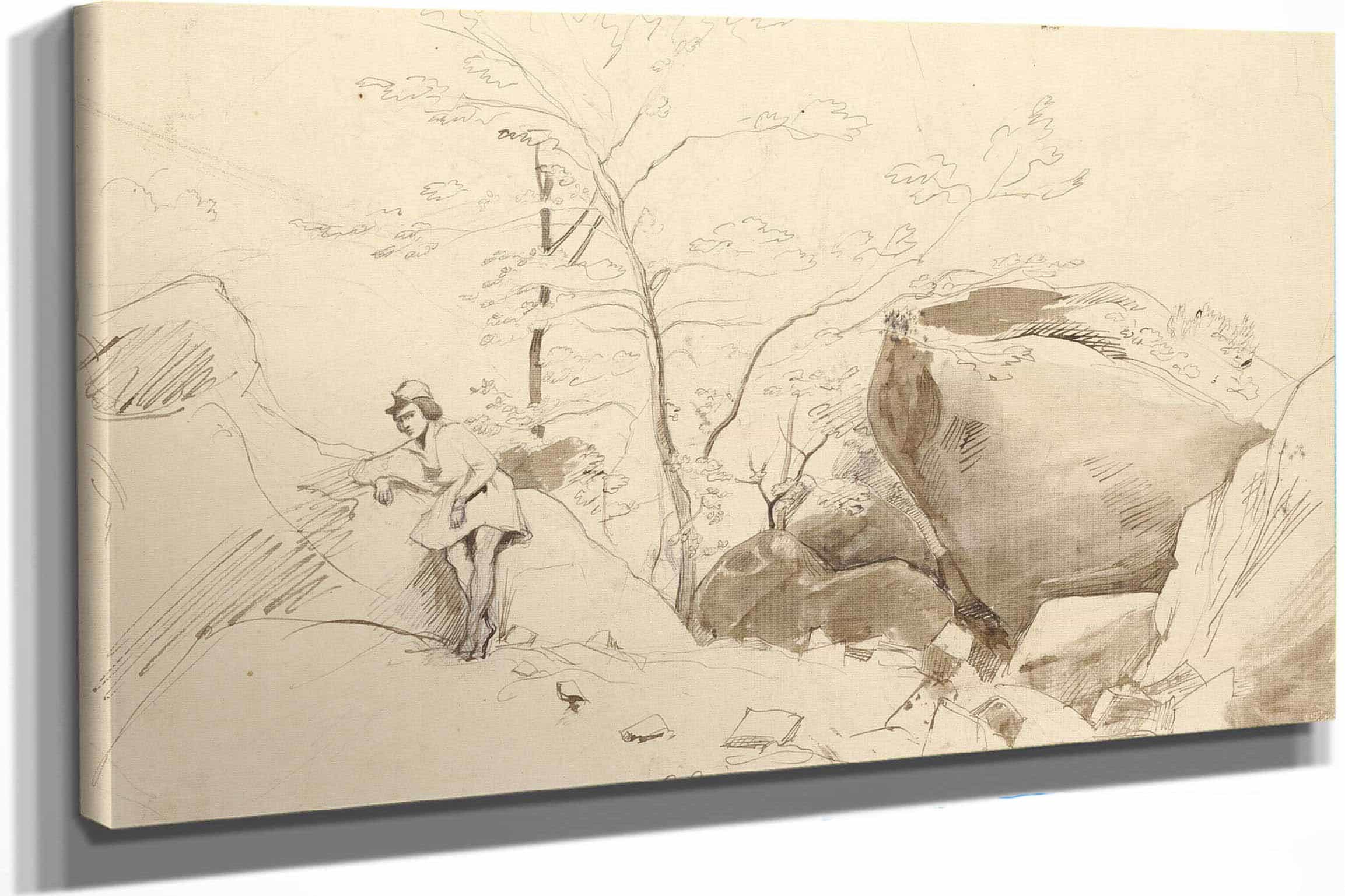 Fontainebleau Figure Leaning Against A Rock by Jean Baptiste Camille Corot