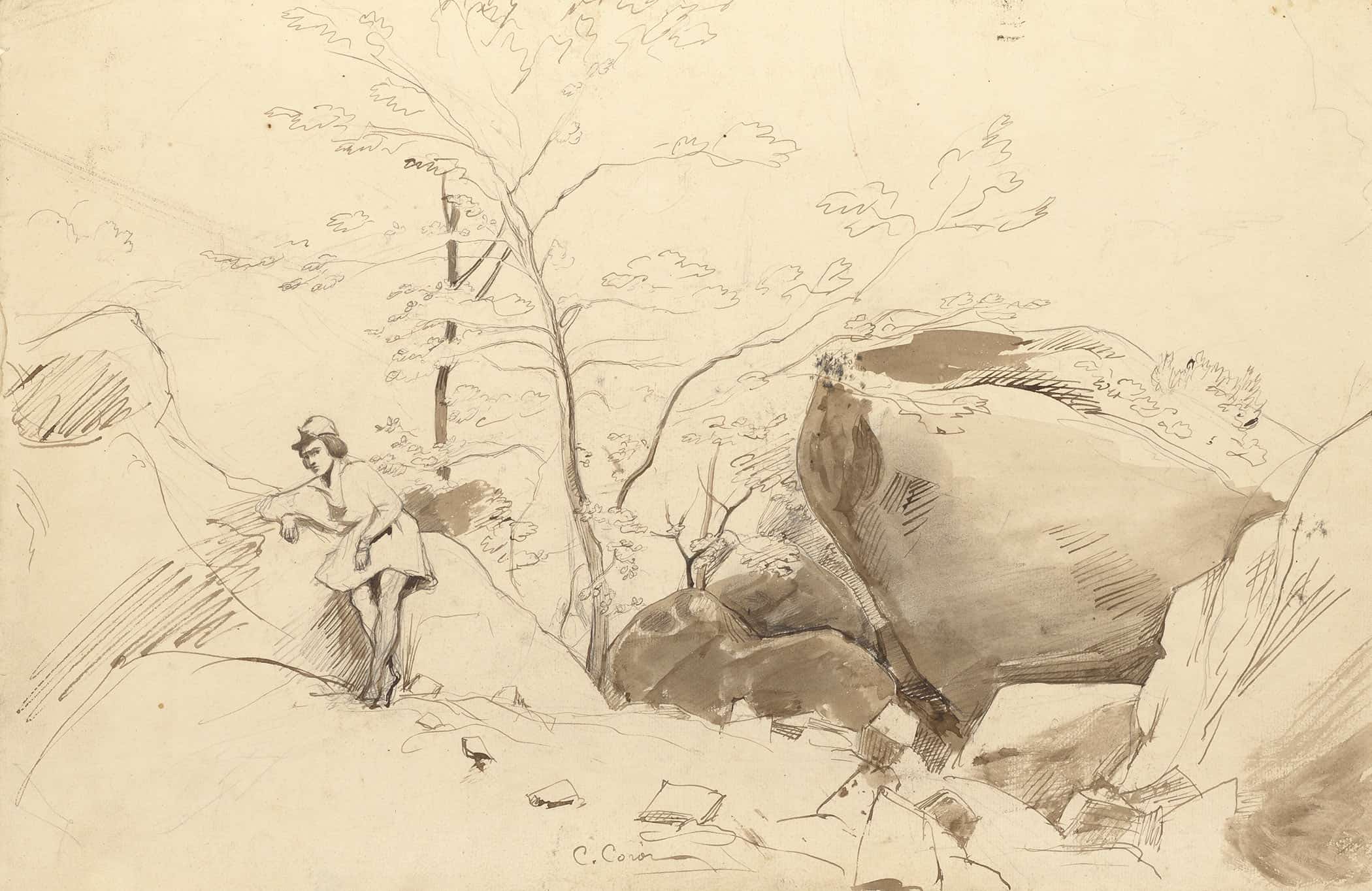 Fontainebleau Figure Leaning Against A Rock by Jean Baptiste Camille Corot - Image 2