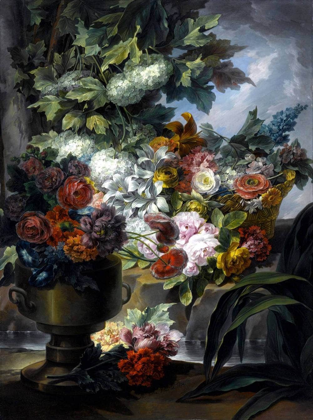 Fountain, An Urn And A Basket Of Flowers Painting Miguel Parra Abril Canvas Art - Image 5