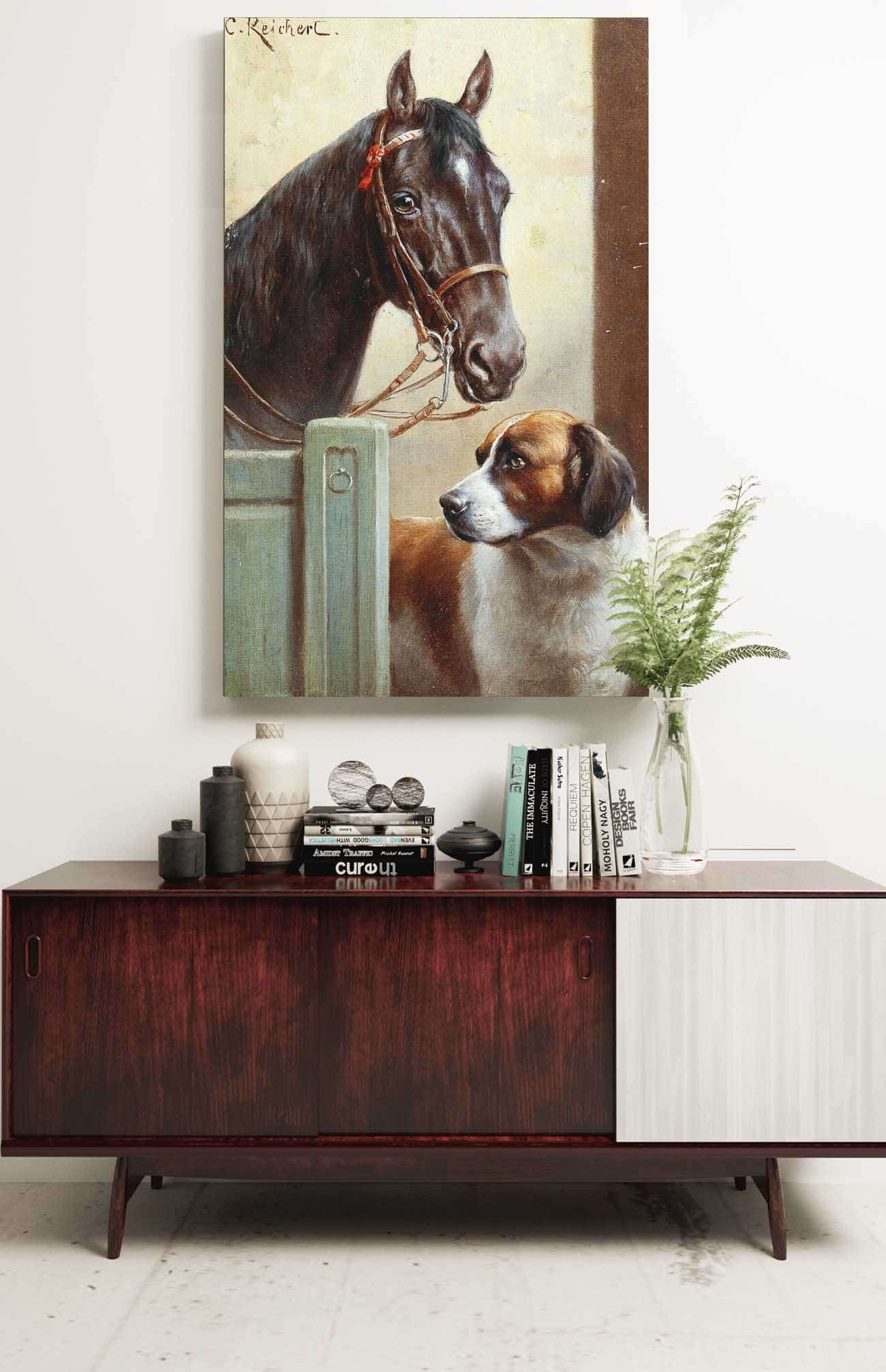 Friends A Bay And A St Bernard In A Stable by Carl Reichert - Image 2